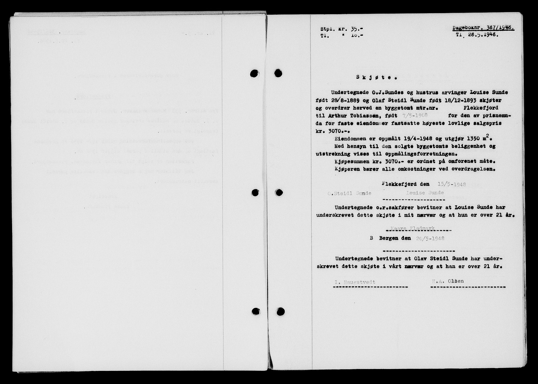 Flekkefjord sorenskriveri, SAK/1221-0001/G/Gb/Gba/L0063: Mortgage book no. A-11, 1947-1948, Diary no: : 387/1948