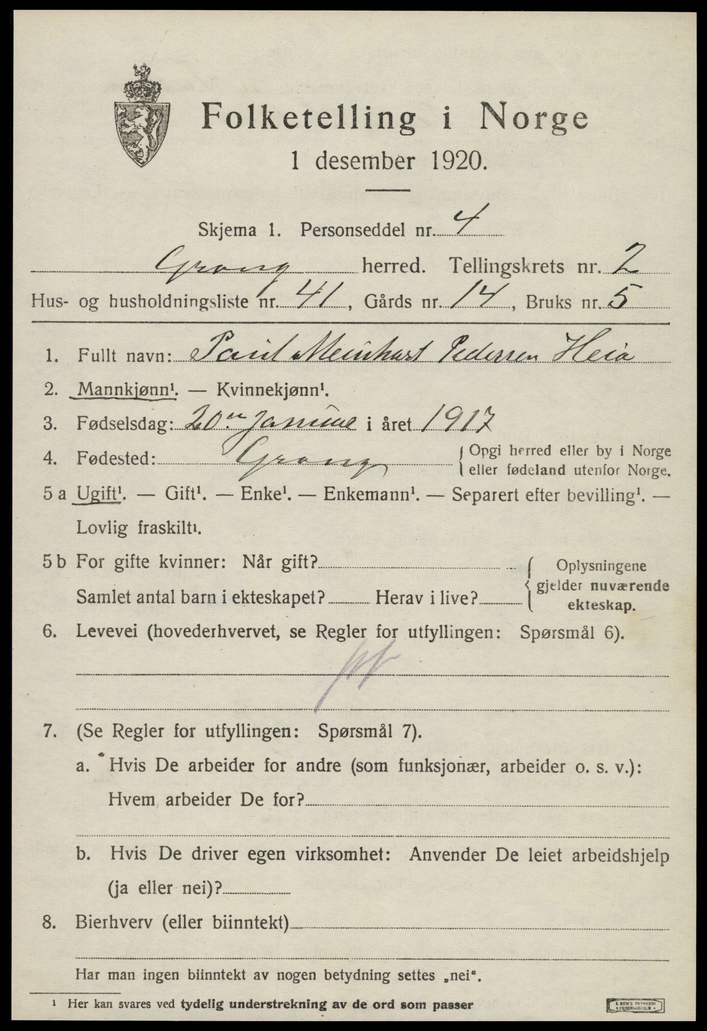 SAT, 1920 census for Grong, 1920, p. 1917