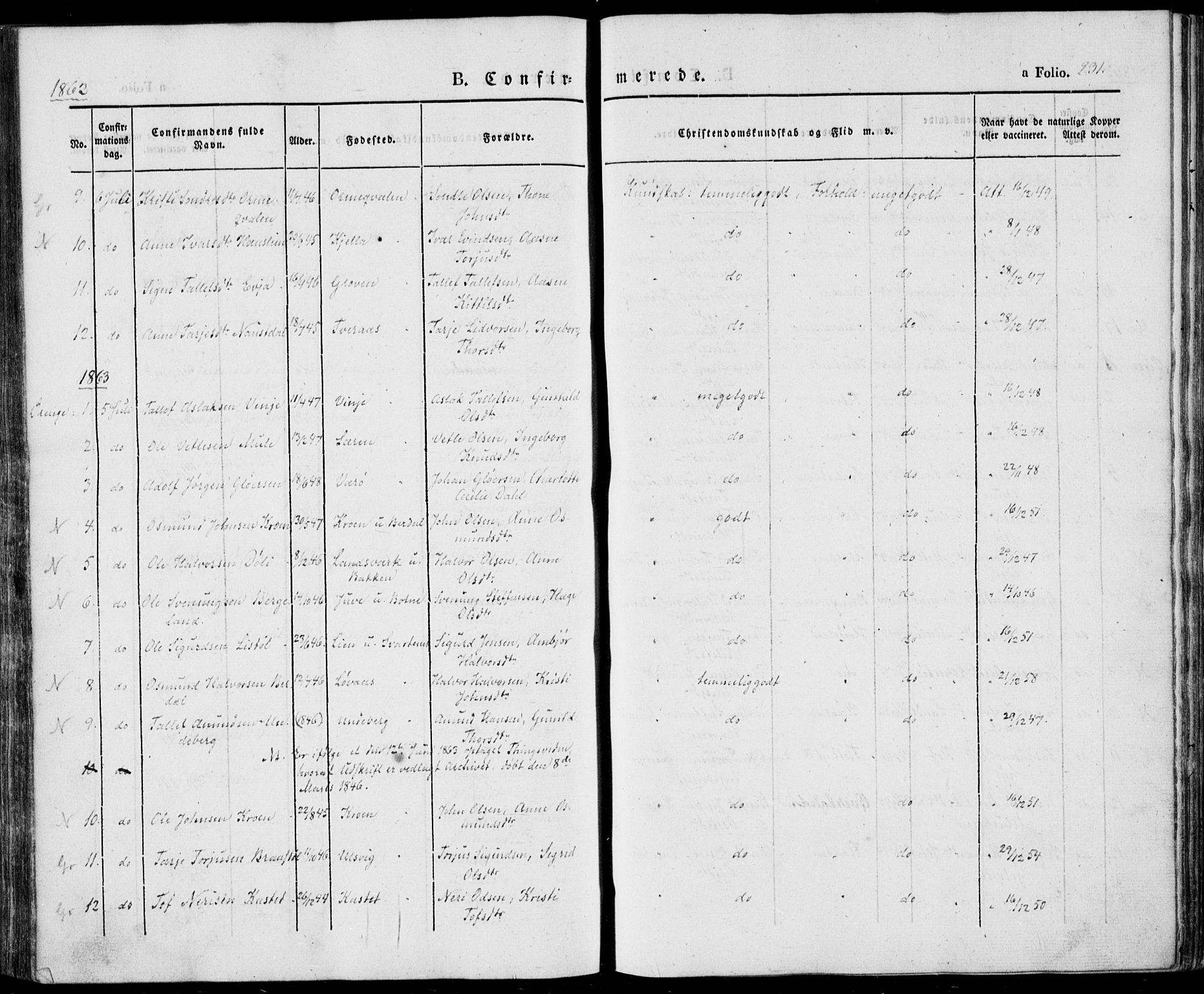 Vinje kirkebøker, SAKO/A-312/F/Fa/L0004: Parish register (official) no. I 4, 1843-1869, p. 231
