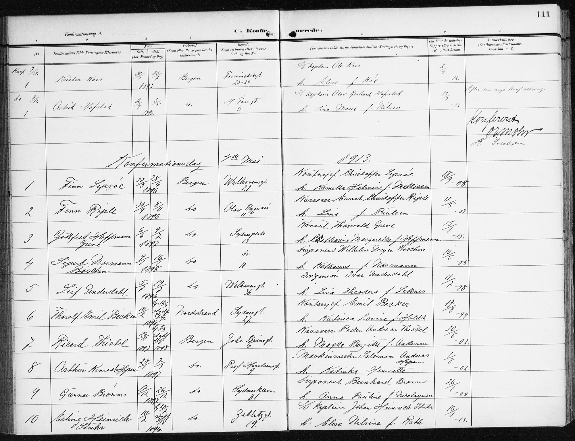 Johanneskirken sokneprestembete, SAB/A-76001/H/Haa/L0009: Parish register (official) no. C 2, 1907-1924, p. 111