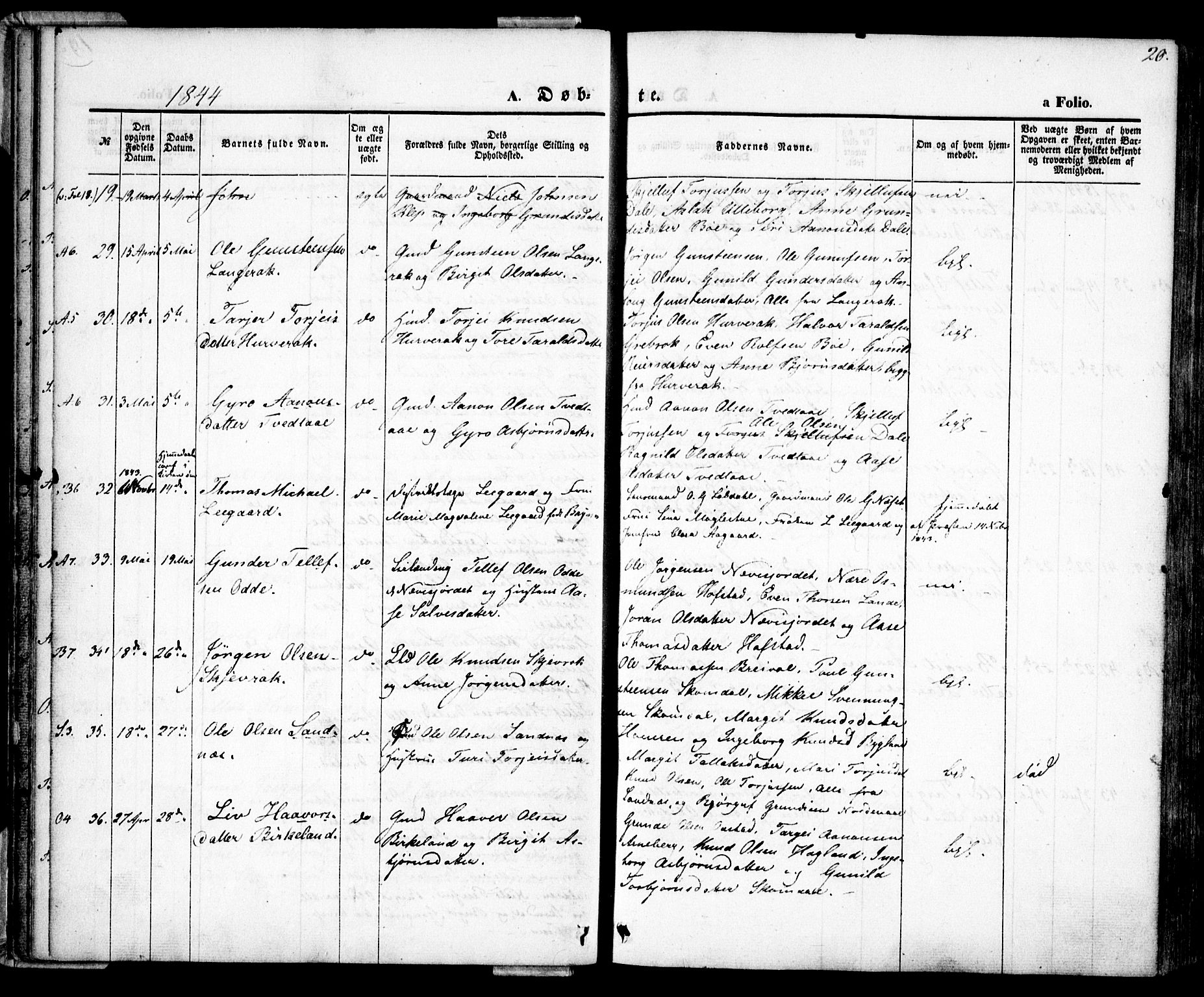 Bygland sokneprestkontor, AV/SAK-1111-0006/F/Fa/Fab/L0004: Parish register (official) no. A 4, 1842-1858, p. 20