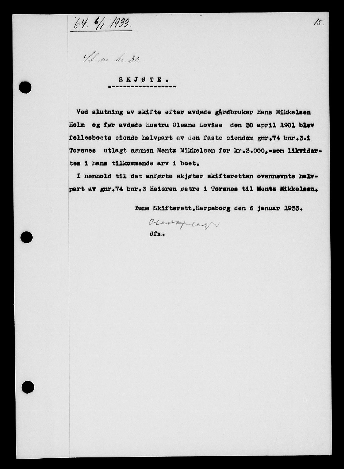 Tune sorenskriveri, SAO/A-10470/G/Gb/Gbb/L0004: Mortgage book no. II 20-24, 1933-1935, Deed date: 06.01.1933