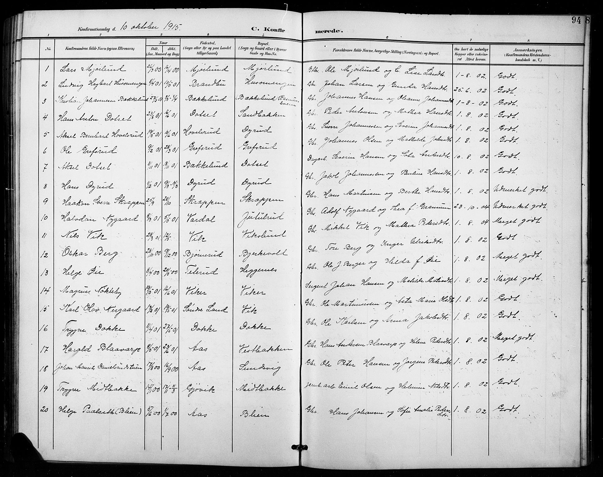 Vestre Toten prestekontor, SAH/PREST-108/H/Ha/Hab/L0016: Parish register (copy) no. 16, 1901-1915, p. 94