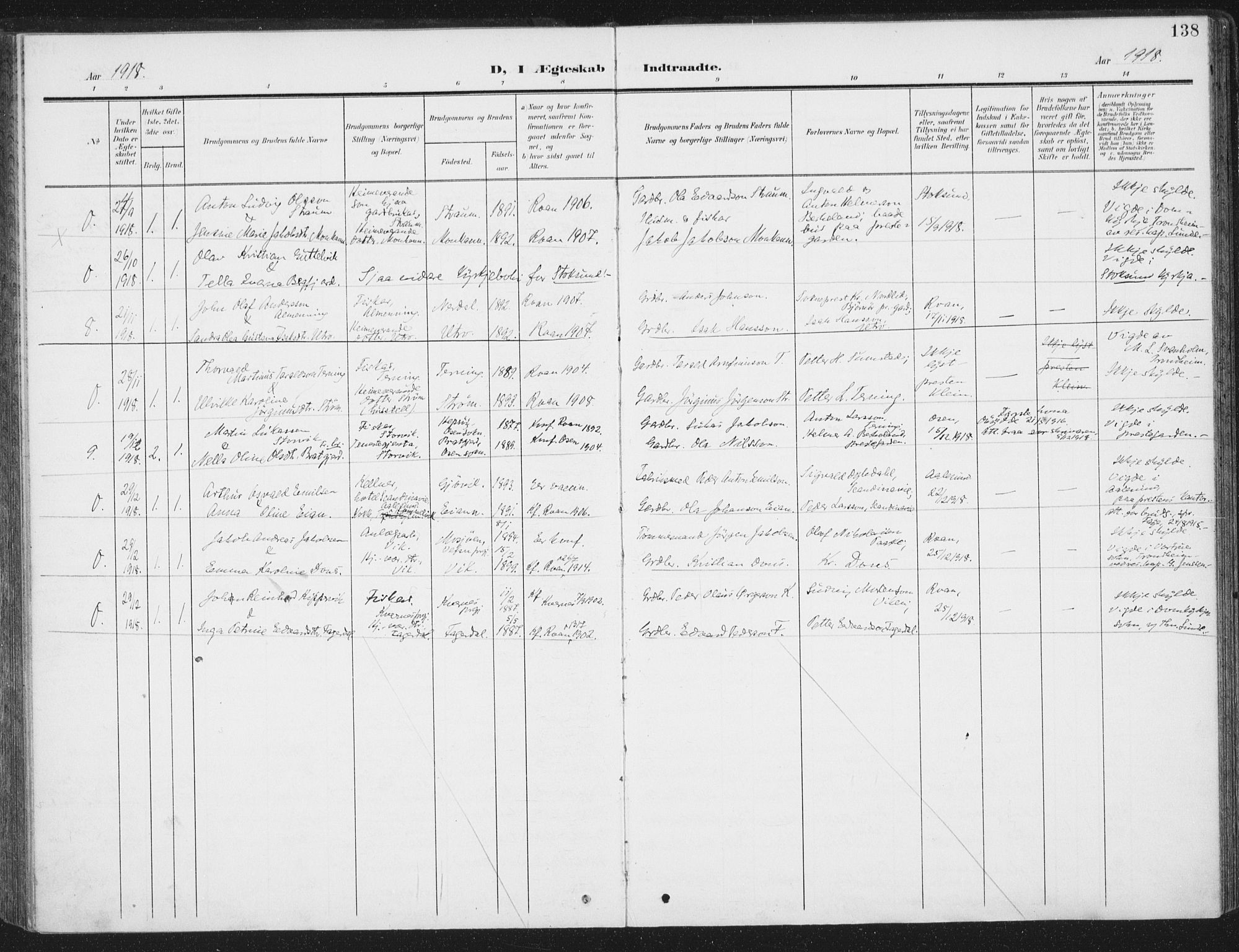 Ministerialprotokoller, klokkerbøker og fødselsregistre - Sør-Trøndelag, SAT/A-1456/657/L0709: Parish register (official) no. 657A10, 1905-1919, p. 138