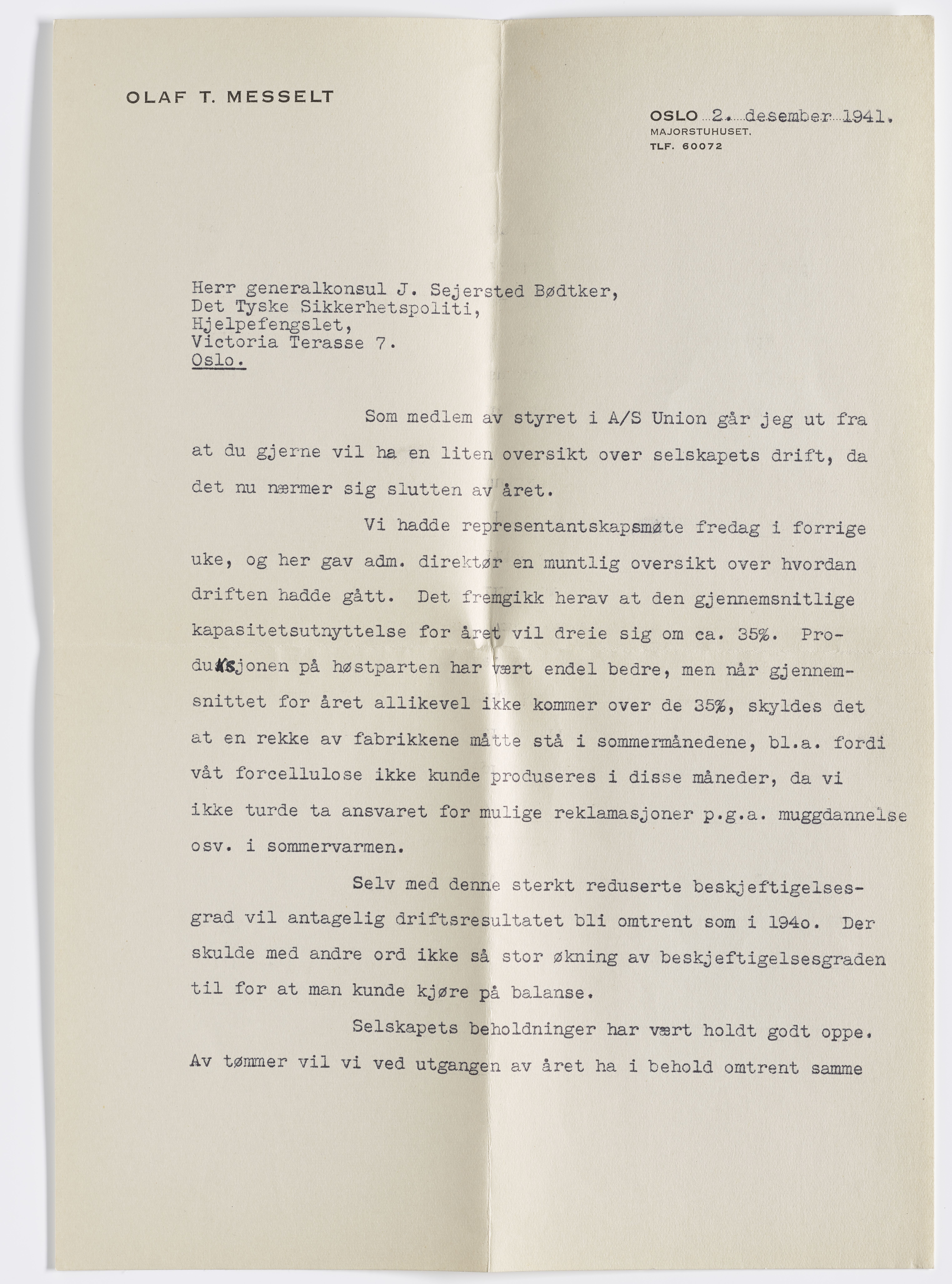 Johannes Sejersted Bødtker, AFM/GRI-1001/D/Db/Dbb/L0001/0004: Inngående brev / Brev, 1941