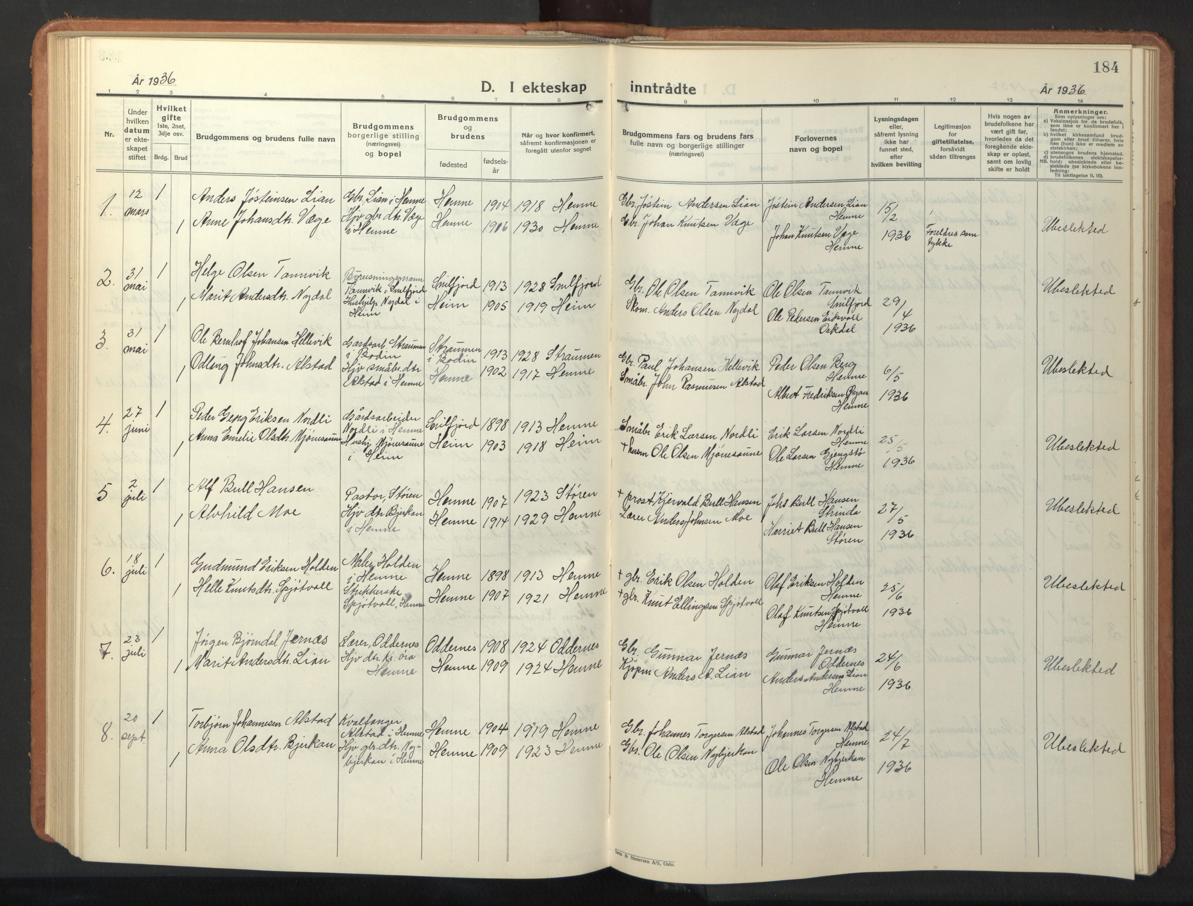 Ministerialprotokoller, klokkerbøker og fødselsregistre - Sør-Trøndelag, SAT/A-1456/630/L0508: Parish register (copy) no. 630C06, 1933-1950, p. 184