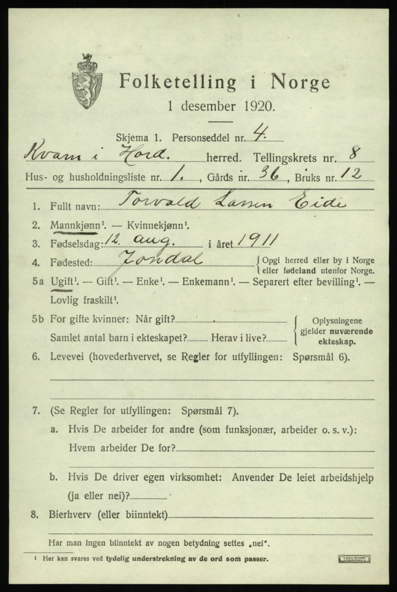 SAB, 1920 census for Kvam, 1920, p. 5169