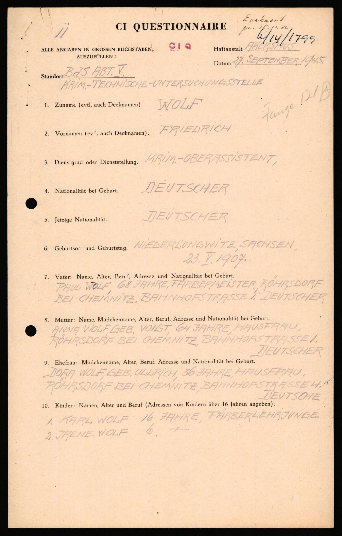 Forsvaret, Forsvarets overkommando II, AV/RA-RAFA-3915/D/Db/L0036: CI Questionaires. Tyske okkupasjonsstyrker i Norge. Tyskere., 1945-1946, p. 397