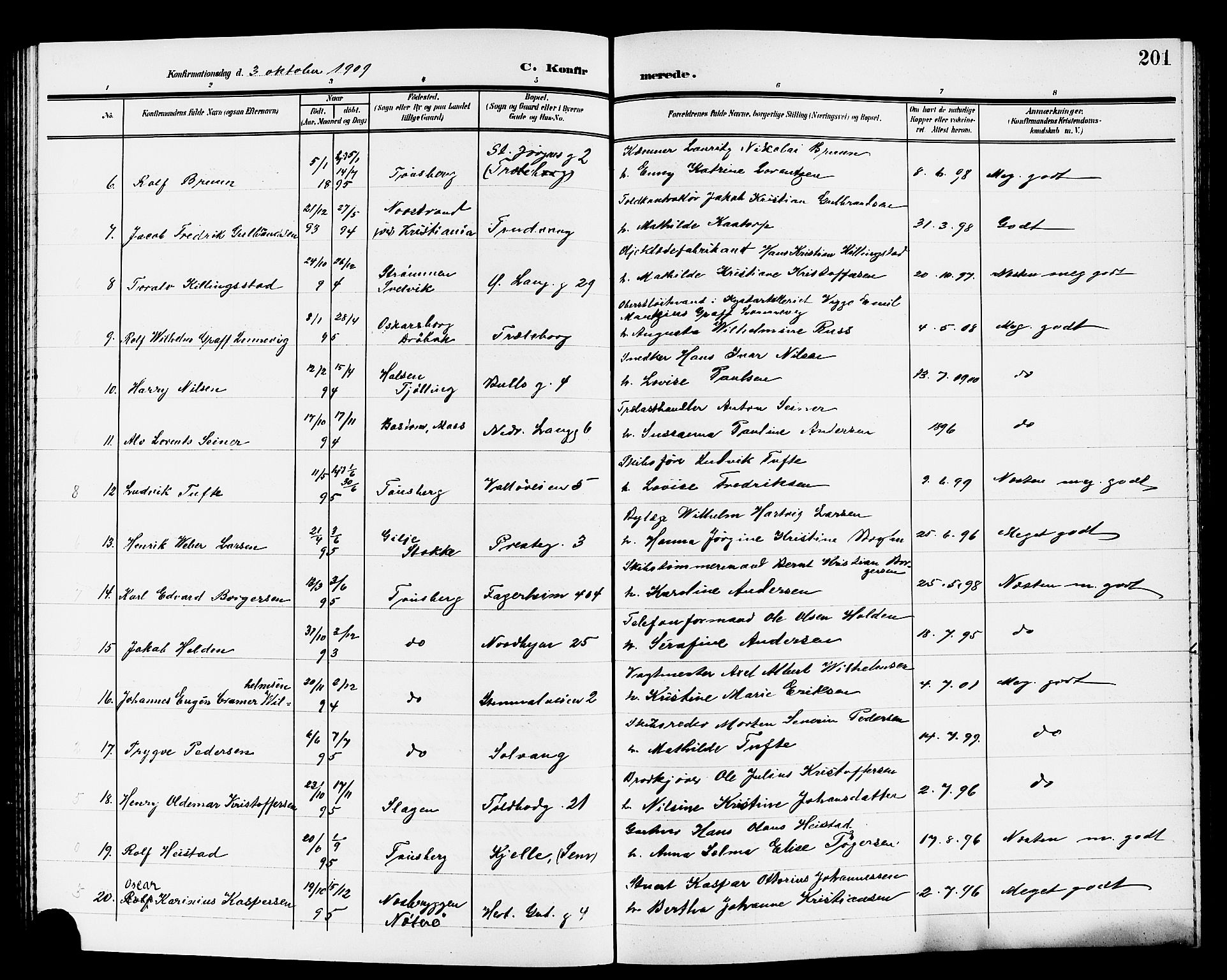 Tønsberg kirkebøker, AV/SAKO-A-330/G/Ga/L0008: Parish register (copy) no. 8, 1905-1912, p. 201