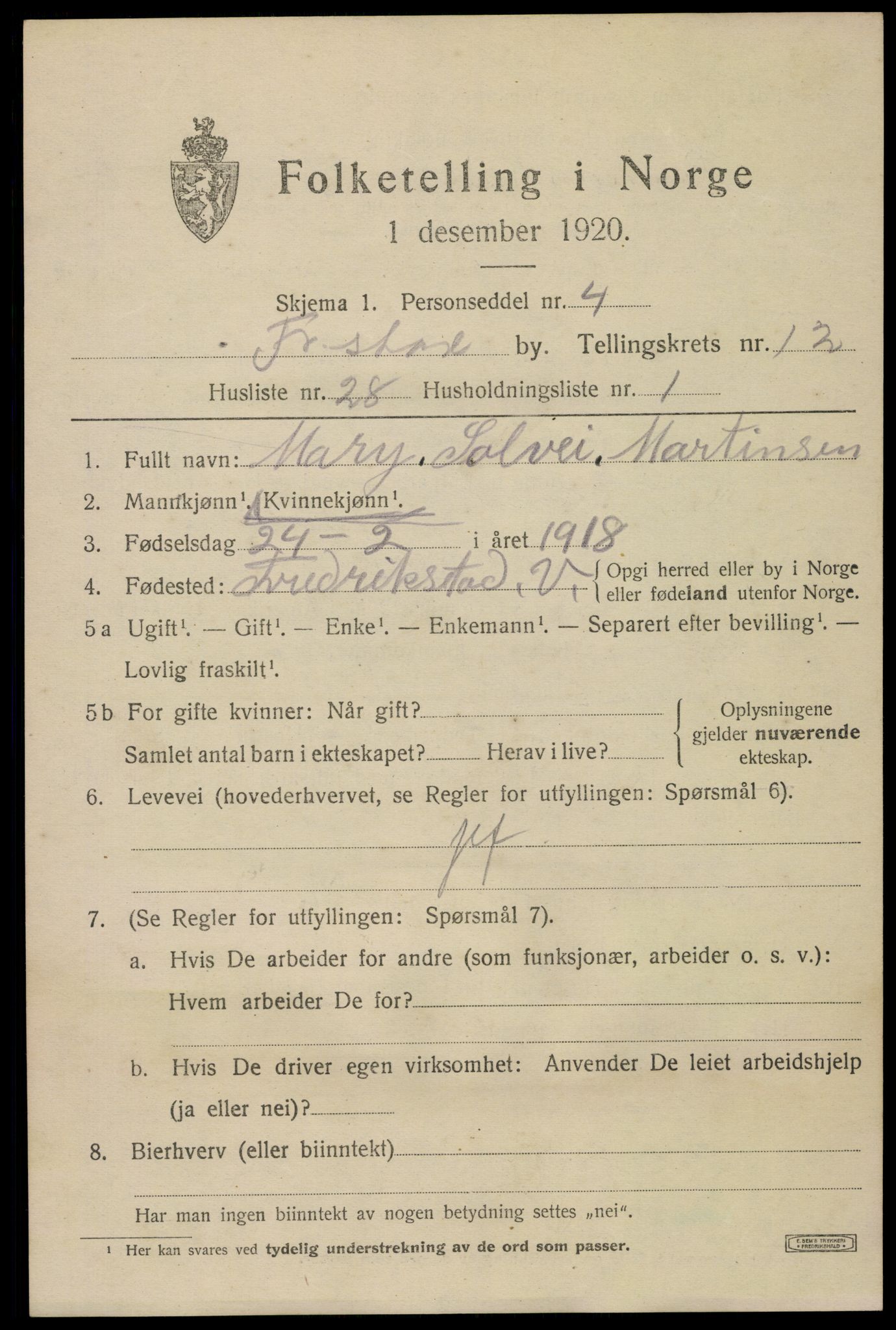 SAO, 1920 census for Fredrikstad, 1920, p. 31039