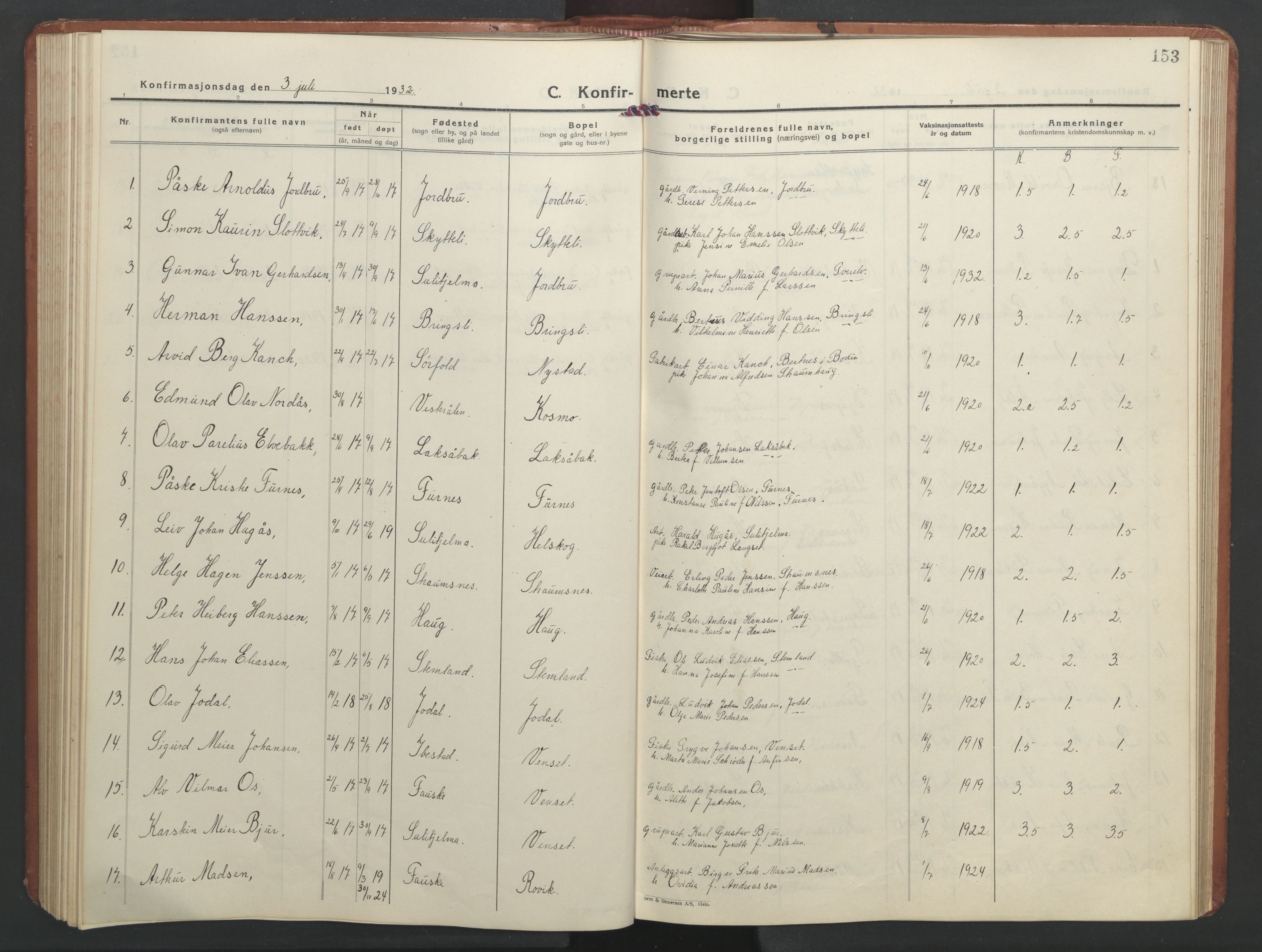 Ministerialprotokoller, klokkerbøker og fødselsregistre - Nordland, AV/SAT-A-1459/851/L0727: Parish register (copy) no. 851C02, 1925-1948, p. 153