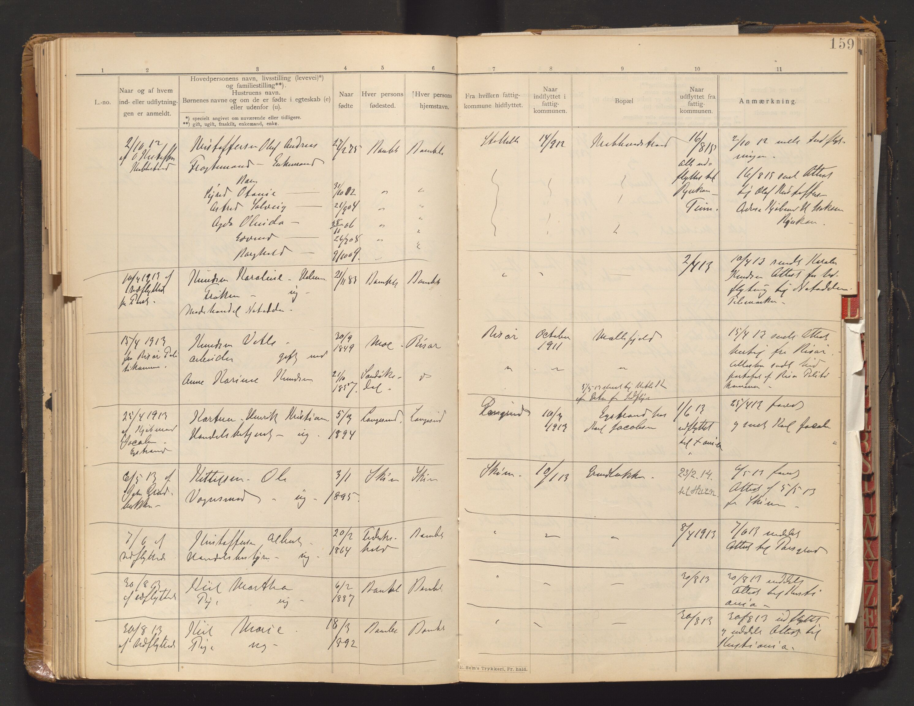 Bamble lensmannskontor, AV/SAKO-A-552/O/Oa/L0001: Protokoll over inn- og utflyttede - Bamble, 1901-1933, p. 159