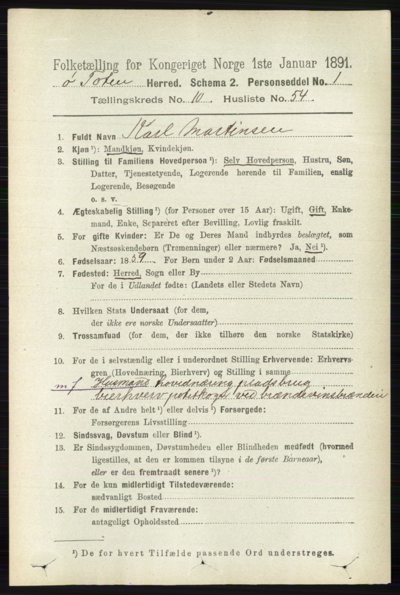 RA, 1891 census for 0528 Østre Toten, 1891, p. 6688