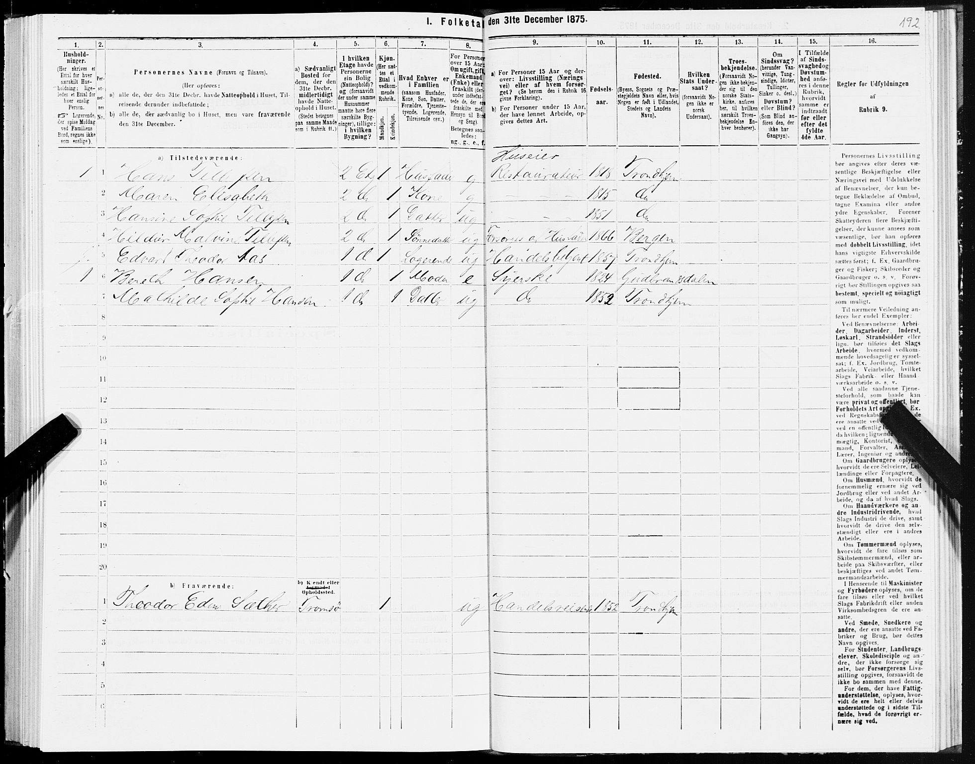 SAT, 1875 census for 1601 Trondheim, 1875, p. 5192