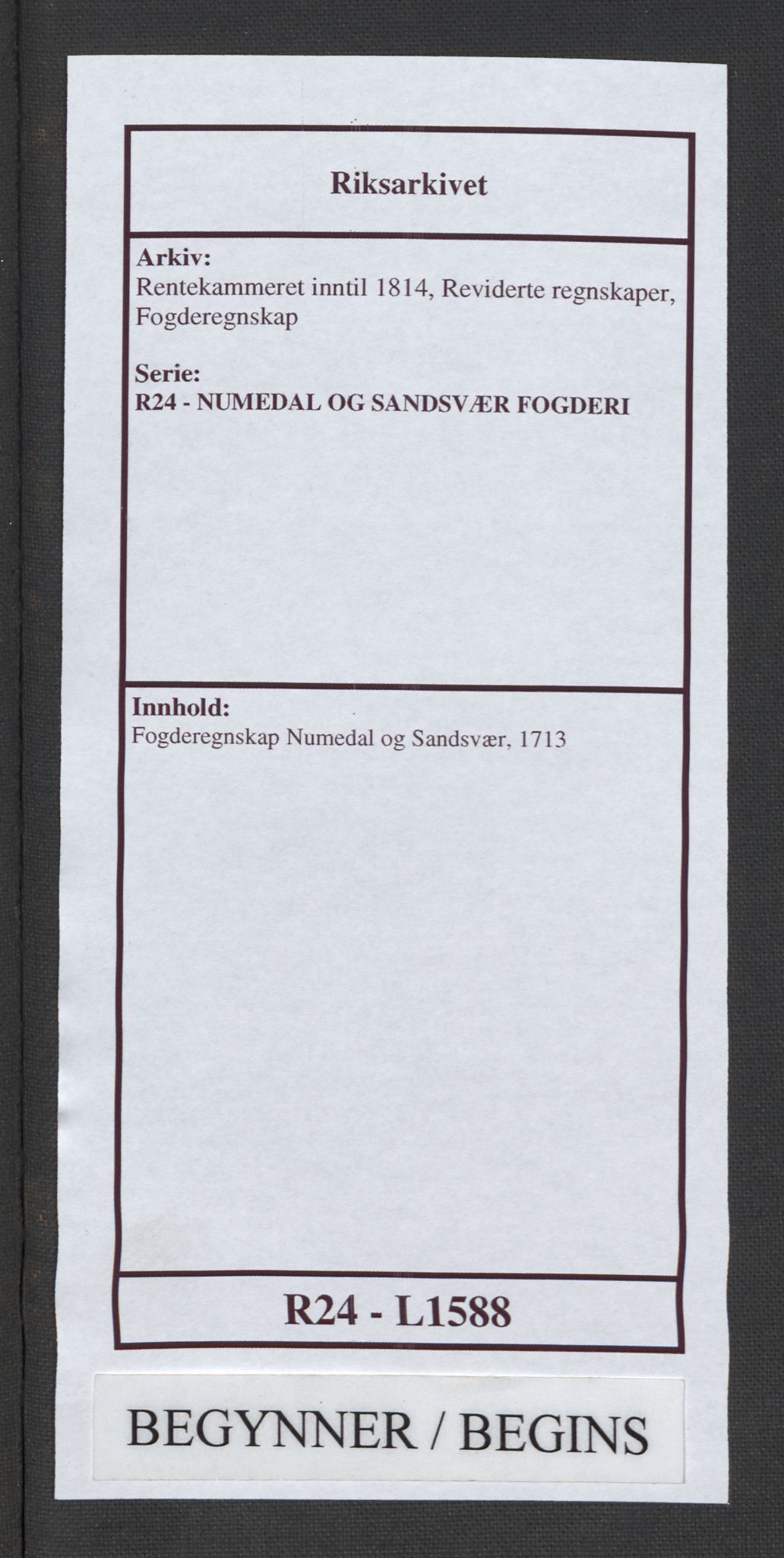 Rentekammeret inntil 1814, Reviderte regnskaper, Fogderegnskap, AV/RA-EA-4092/R24/L1588: Fogderegnskap Numedal og Sandsvær, 1713, p. 1