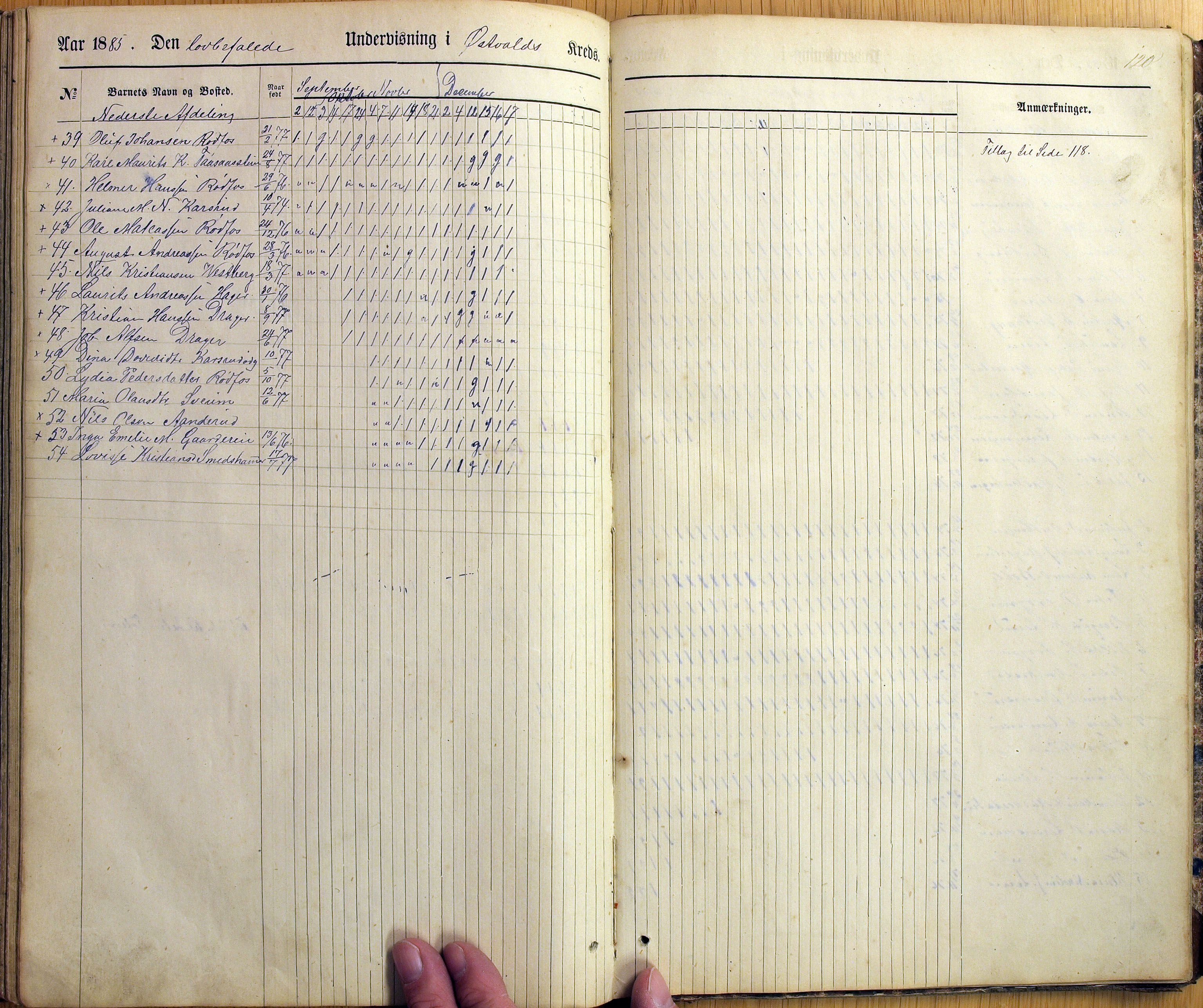 Vestre Toten kommunearkiv*, KVT/-/-/-: Skolehold- og skolesøkningsprotokoll, Fjeldsmarken krets i Vestre Toten skolekommune, 1863-1885, p. 120