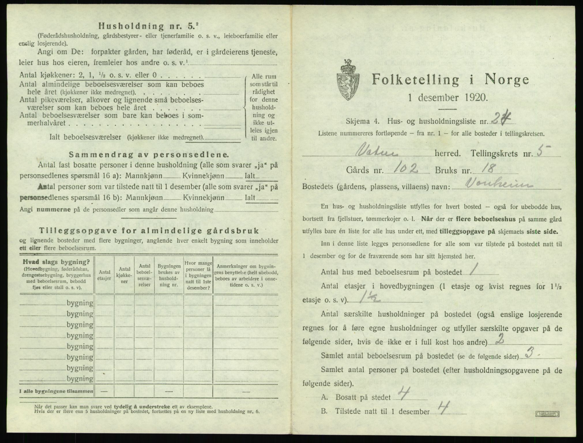 SAT, 1920 census for Vatne, 1920, p. 338