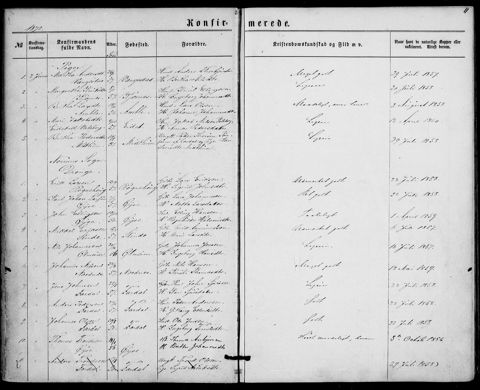 Sogndal sokneprestembete, SAB/A-81301/H/Haa/Haaa/L0015: Parish register (official) no. A 15, 1871-1904, p. 11