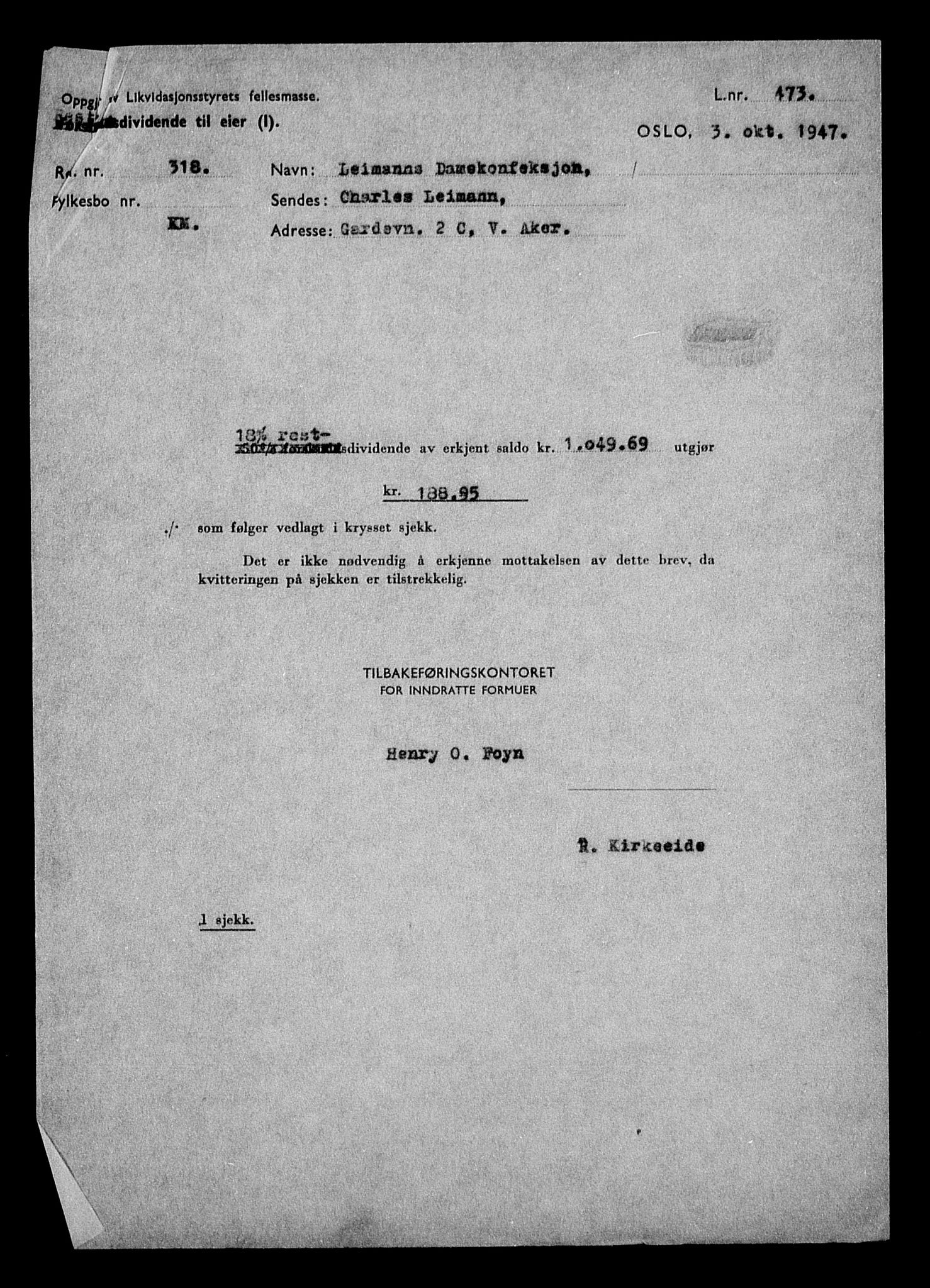 Justisdepartementet, Tilbakeføringskontoret for inndratte formuer, RA/S-1564/H/Hc/Hcc/L0955: --, 1945-1947, p. 501