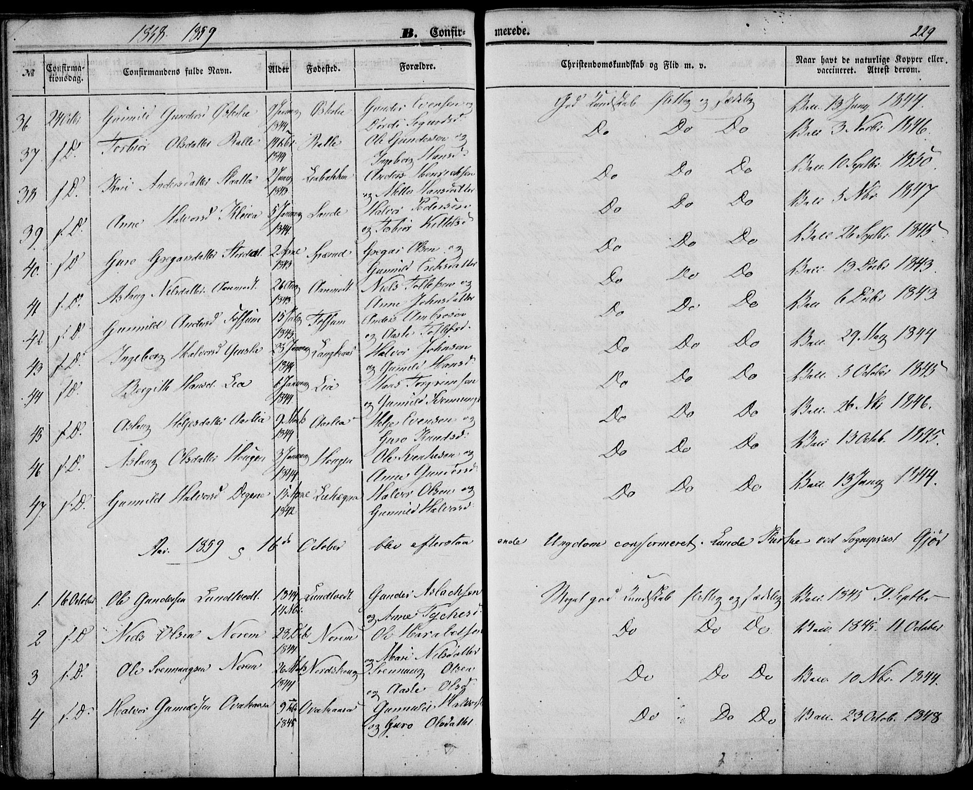 Bø kirkebøker, AV/SAKO-A-257/F/Fa/L0008: Parish register (official) no. 8, 1849-1861, p. 229