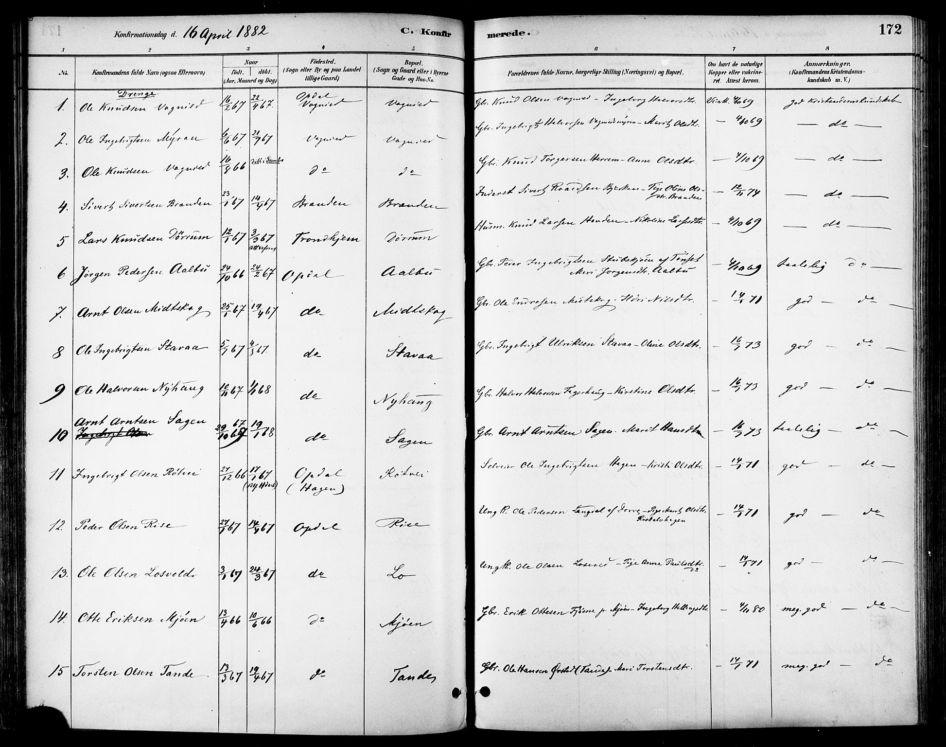 Ministerialprotokoller, klokkerbøker og fødselsregistre - Sør-Trøndelag, AV/SAT-A-1456/678/L0901: Parish register (official) no. 678A10, 1881-1894, p. 172