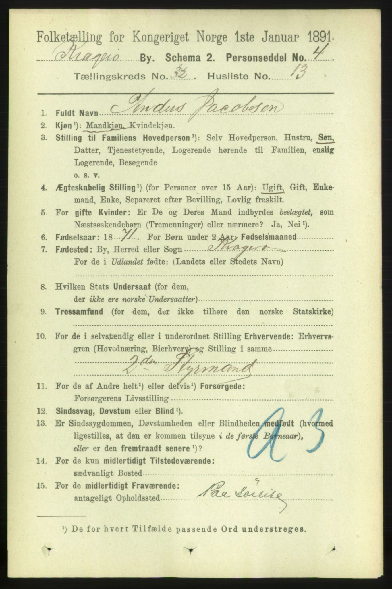 RA, 1891 census for 0801 Kragerø, 1891, p. 5855