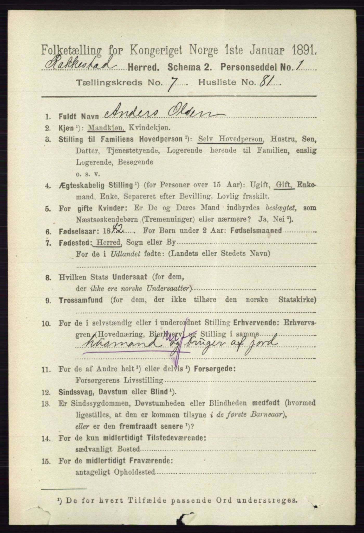 RA, 1891 census for 0128 Rakkestad, 1891, p. 3551