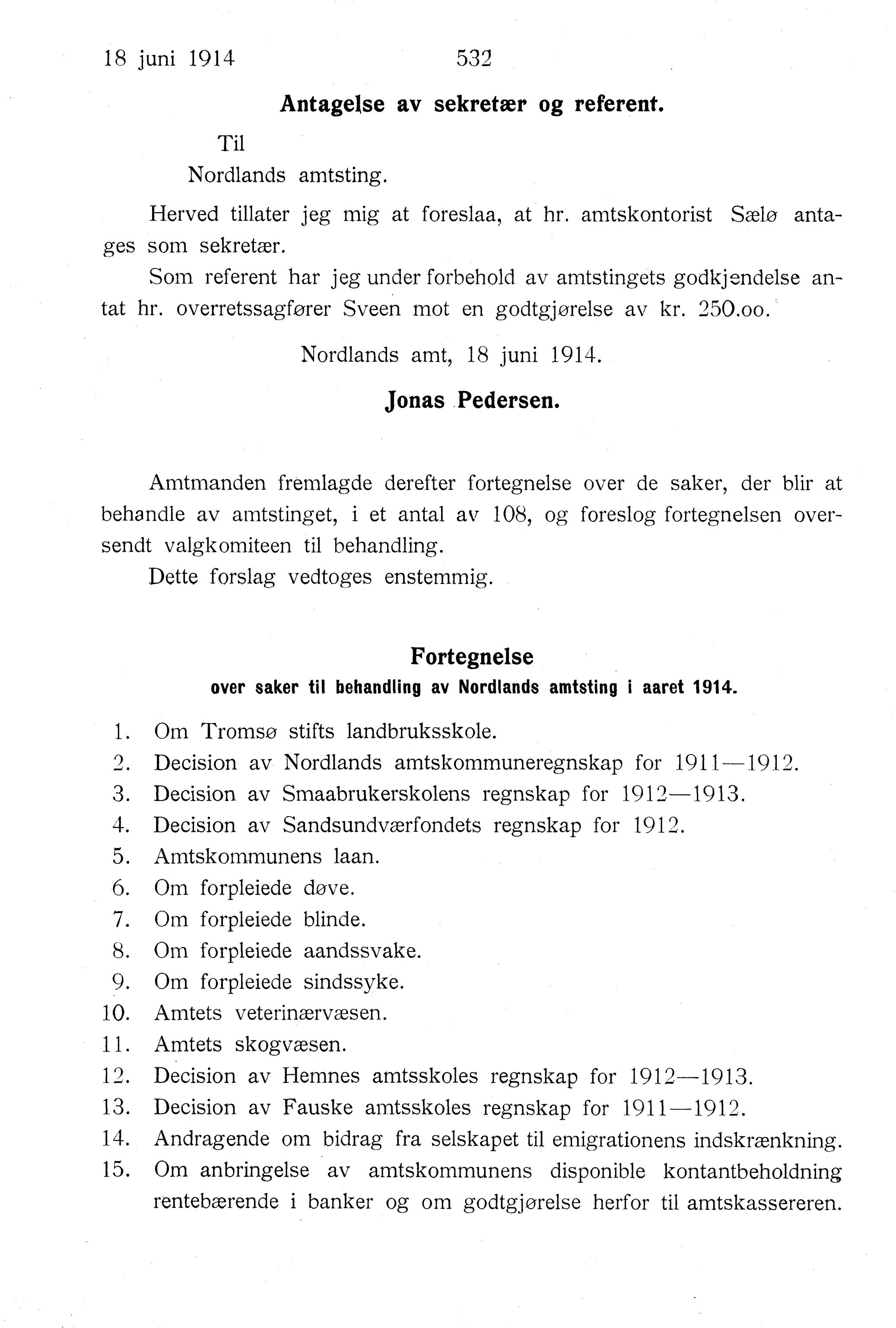 Nordland Fylkeskommune. Fylkestinget, AIN/NFK-17/176/A/Ac/L0037: Fylkestingsforhandlinger 1914, 1914, p. 532