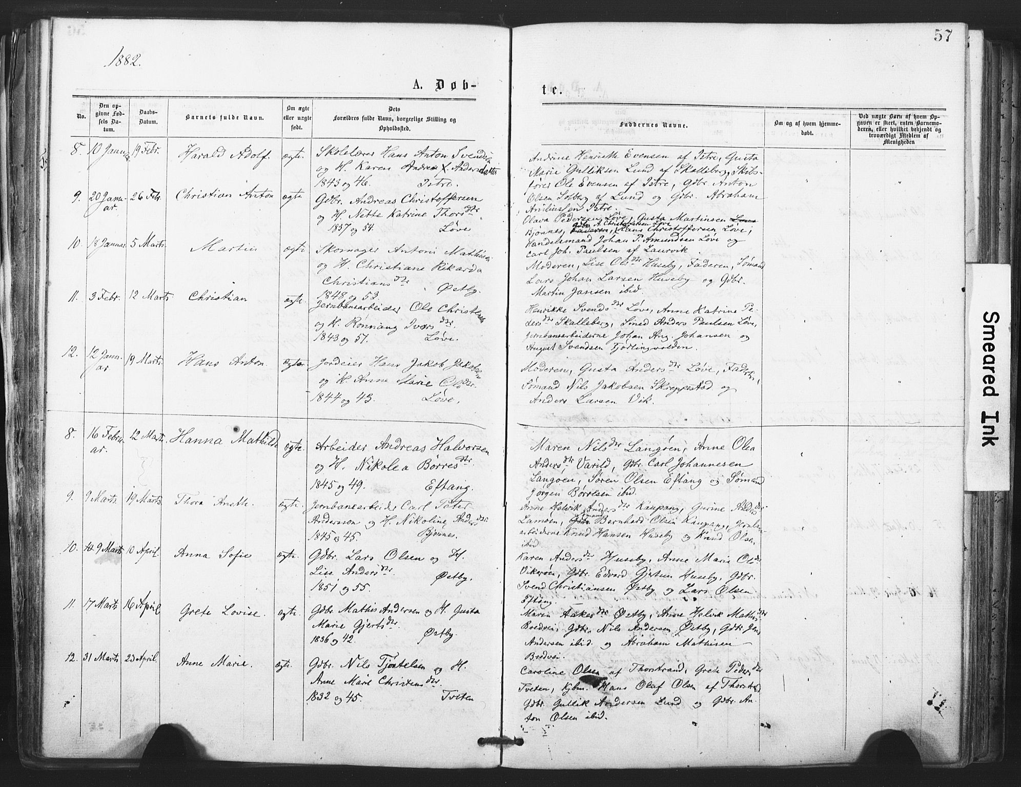 Tjølling kirkebøker, AV/SAKO-A-60/F/Fa/L0008: Parish register (official) no. 8, 1877-1886, p. 57