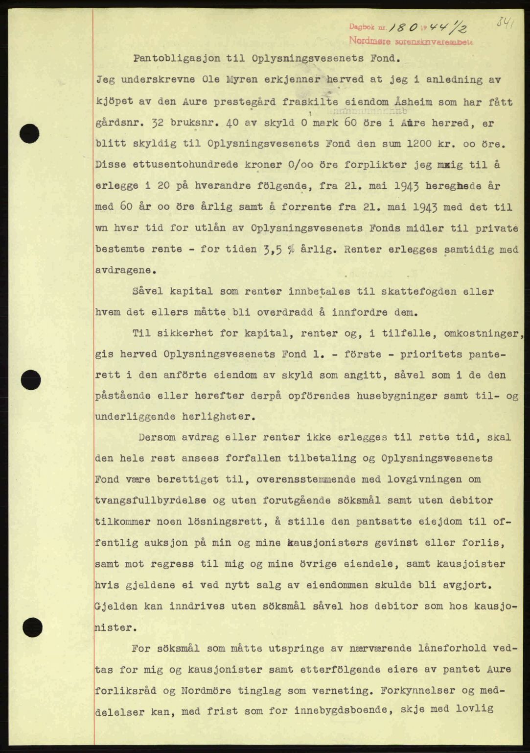 Nordmøre sorenskriveri, AV/SAT-A-4132/1/2/2Ca: Mortgage book no. B91, 1943-1944, Diary no: : 180/1944