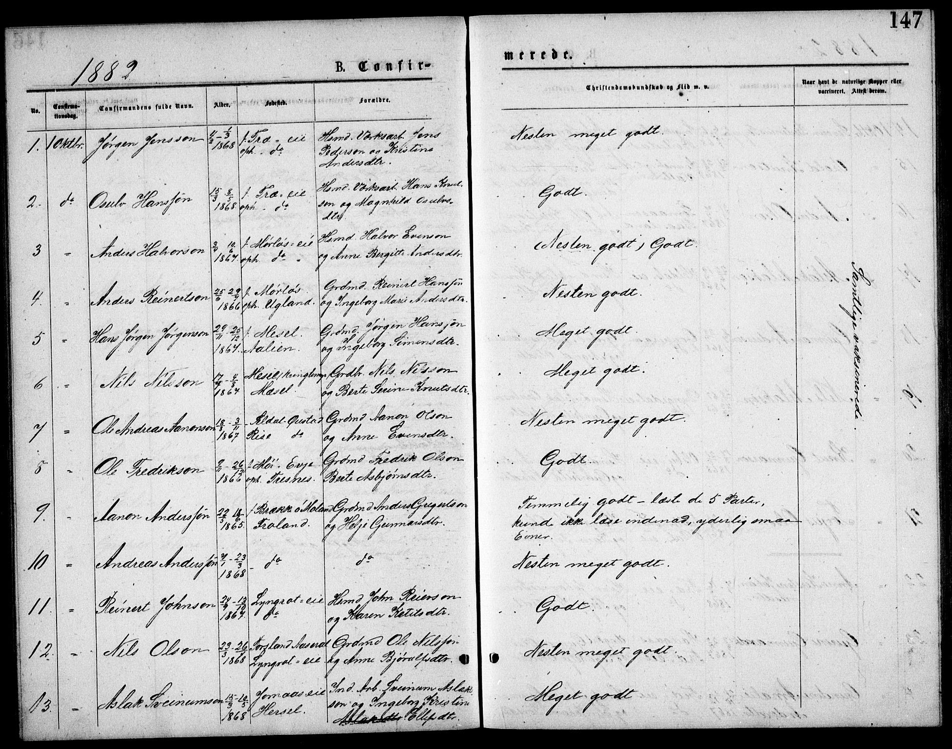 Froland sokneprestkontor, AV/SAK-1111-0013/F/Fb/L0009: Parish register (copy) no. B 9, 1875-1893, p. 147