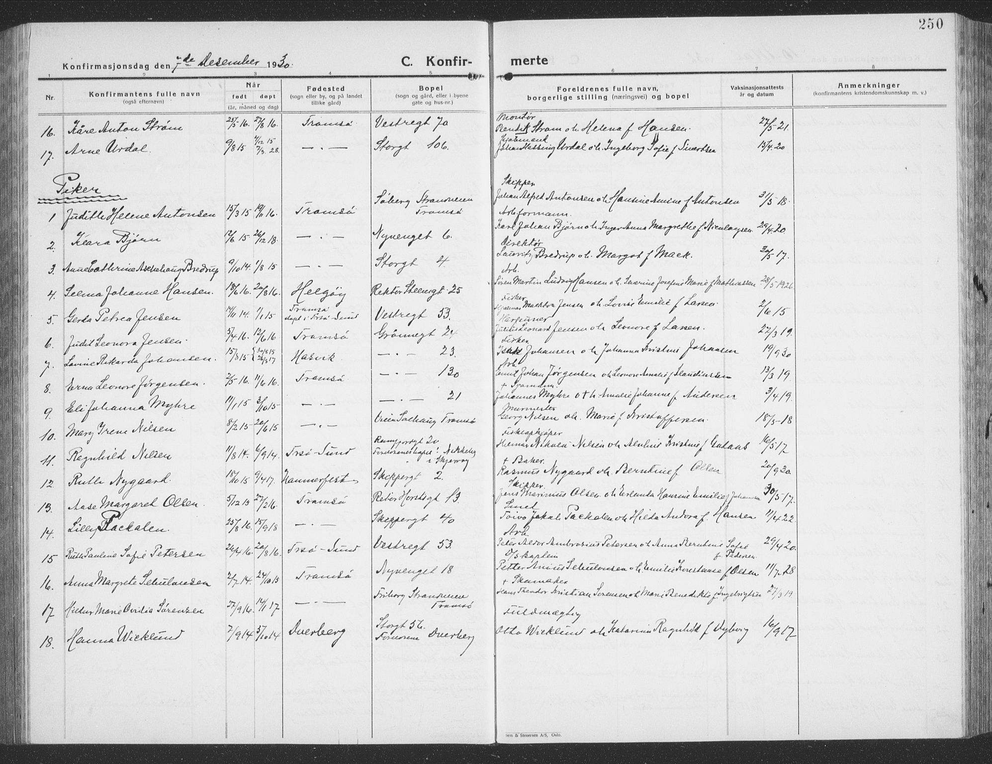 Tromsø sokneprestkontor/stiftsprosti/domprosti, AV/SATØ-S-1343/G/Gb/L0010klokker: Parish register (copy) no. 10, 1925-1937, p. 250