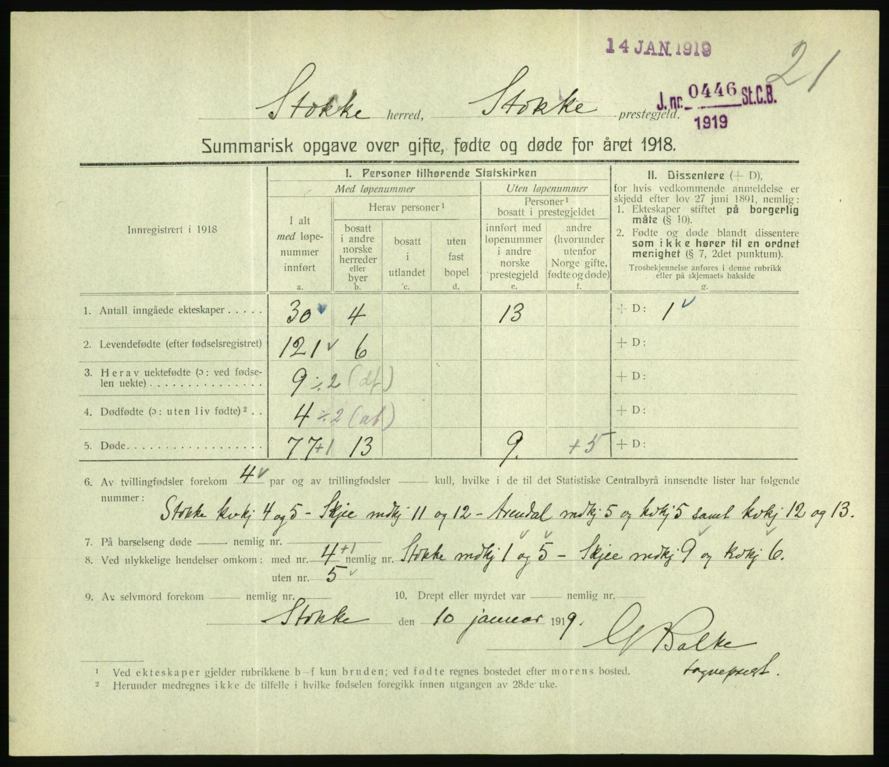 Statistisk sentralbyrå, Sosiodemografiske emner, Befolkning, RA/S-2228/D/Df/Dfb/Dfbh/L0059: Summariske oppgaver over gifte, fødte og døde for hele landet., 1918, p. 503