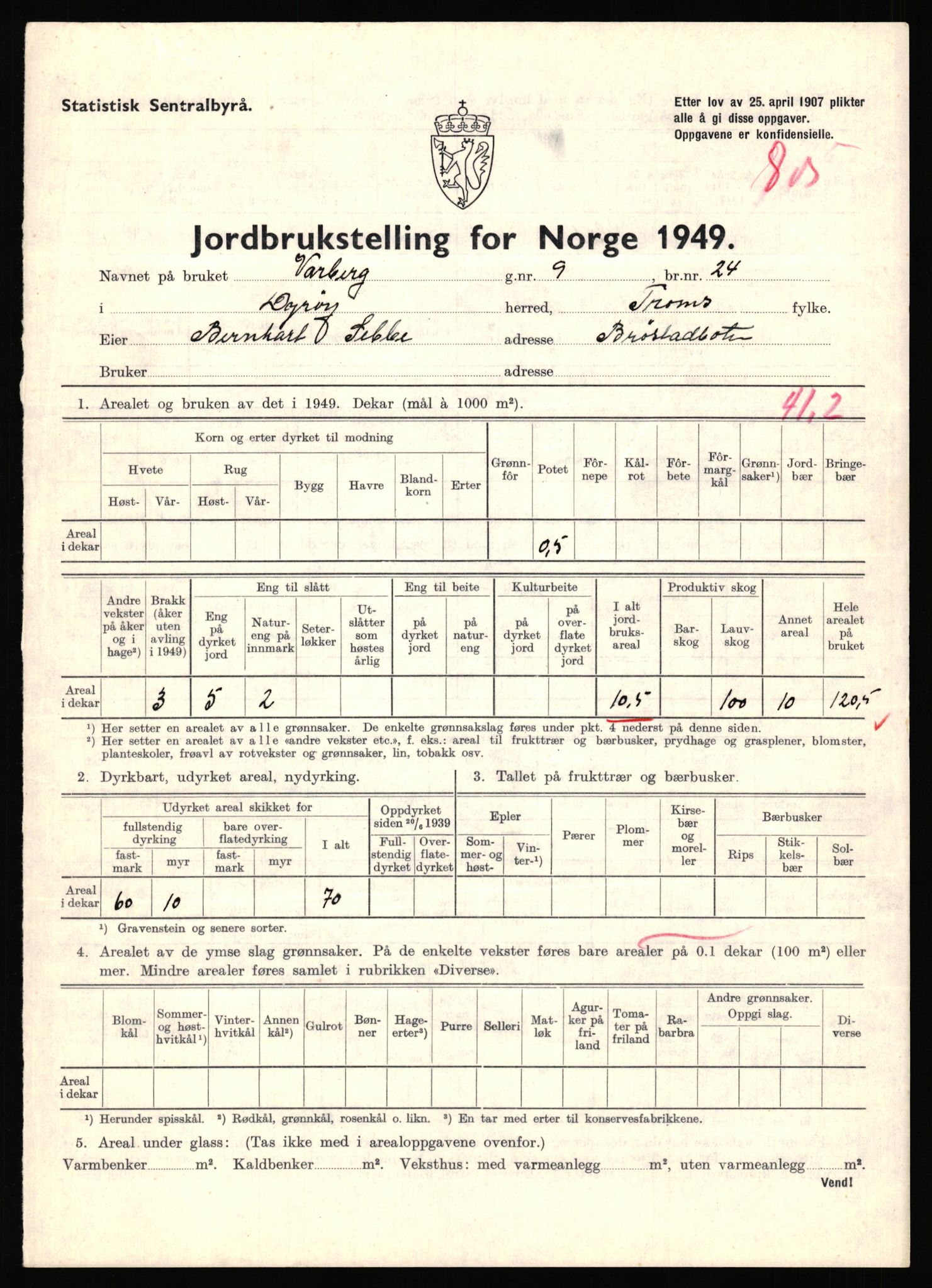 Statistisk sentralbyrå, Næringsøkonomiske emner, Jordbruk, skogbruk, jakt, fiske og fangst, AV/RA-S-2234/G/Gc/L0440: Troms: Sørreisa og Dyrøy, 1949, p. 981