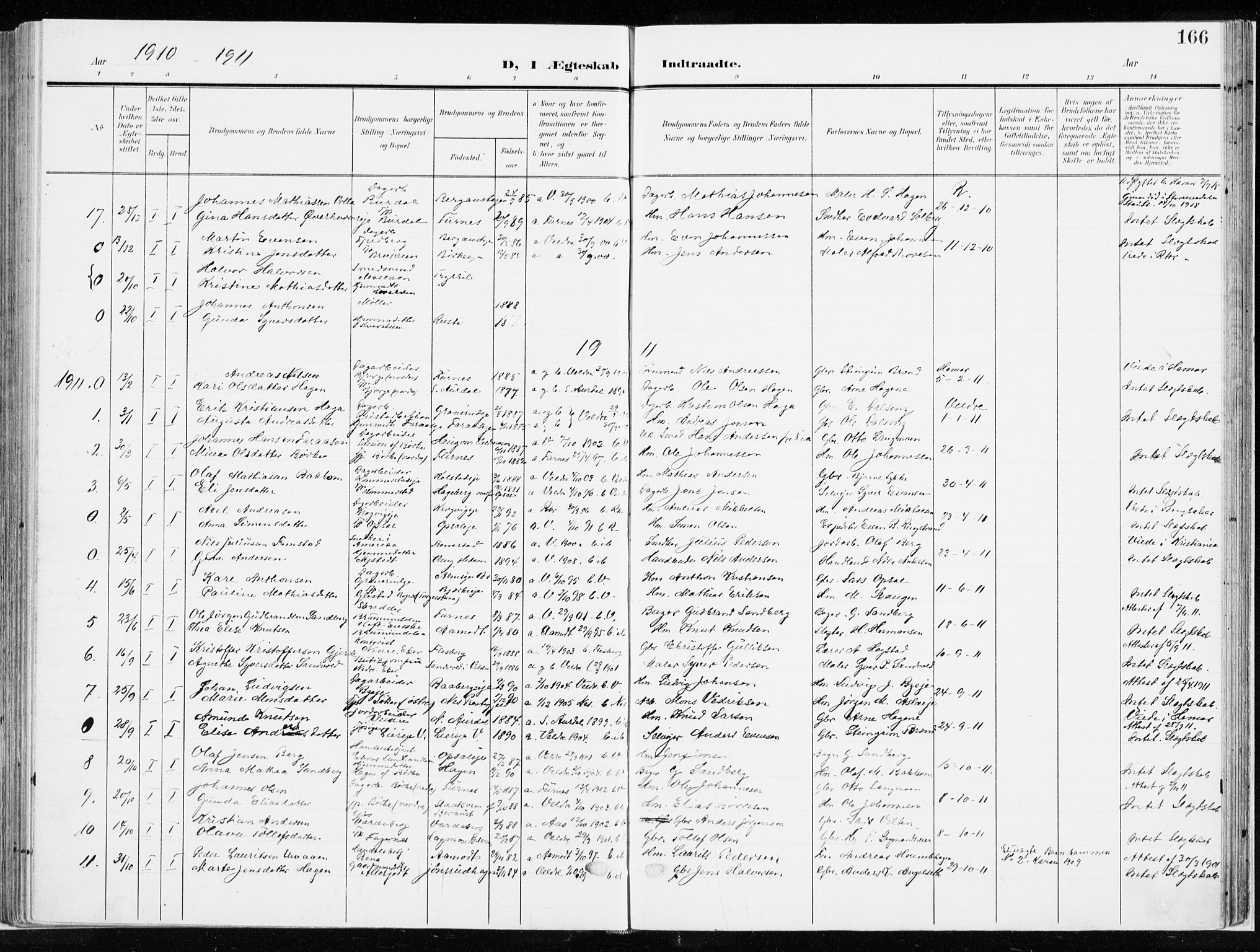 Ringsaker prestekontor, AV/SAH-PREST-014/K/Ka/L0019: Parish register (official) no. 19, 1905-1920, p. 166