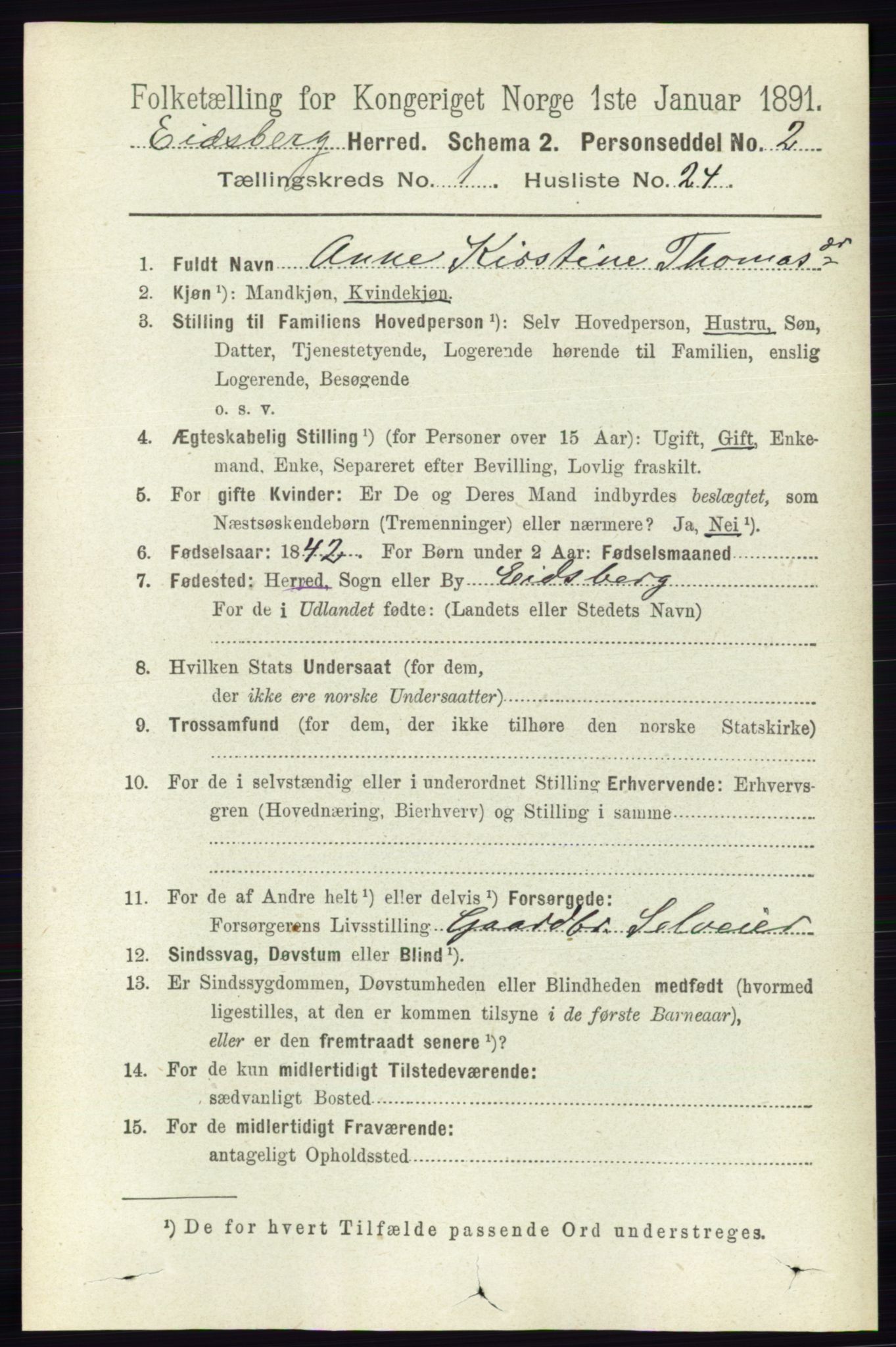 RA, 1891 census for 0125 Eidsberg, 1891, p. 308