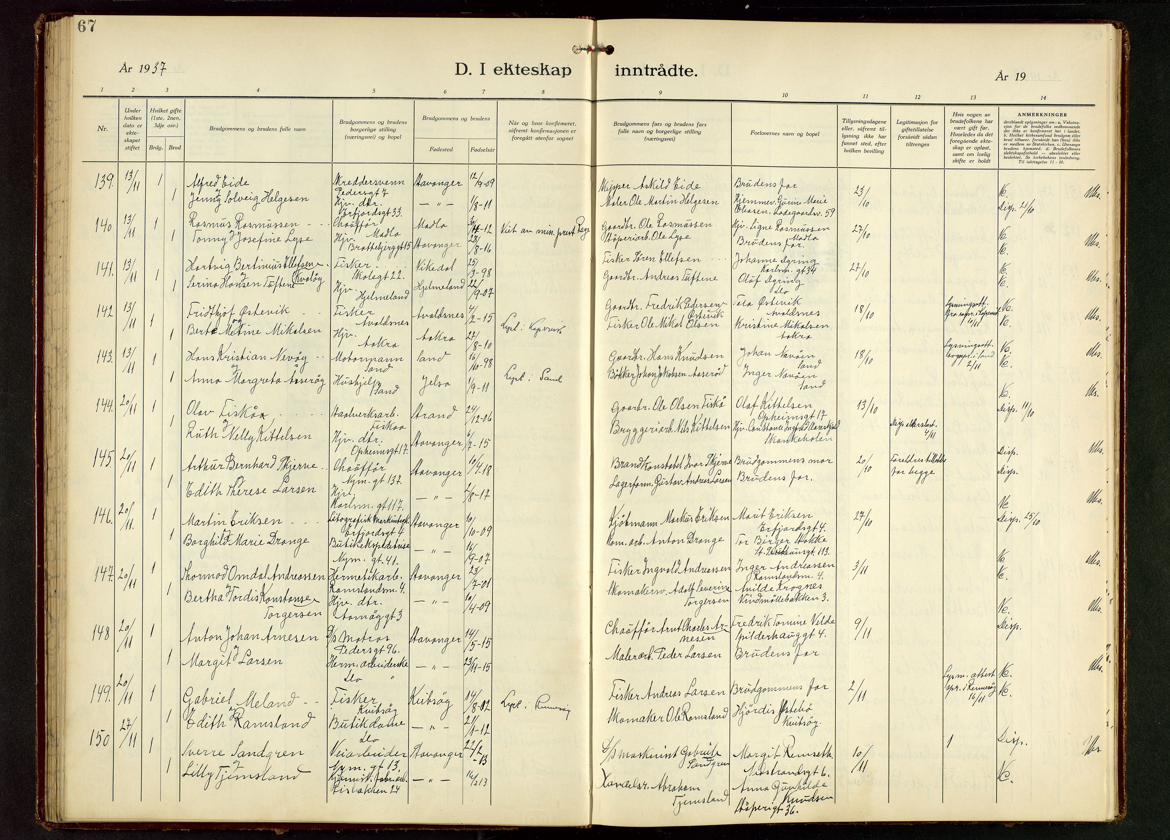 St. Johannes sokneprestkontor, AV/SAST-A-101814/001/30/30BB/L0010: Parish register (copy) no. B 10, 1933-1946, p. 67