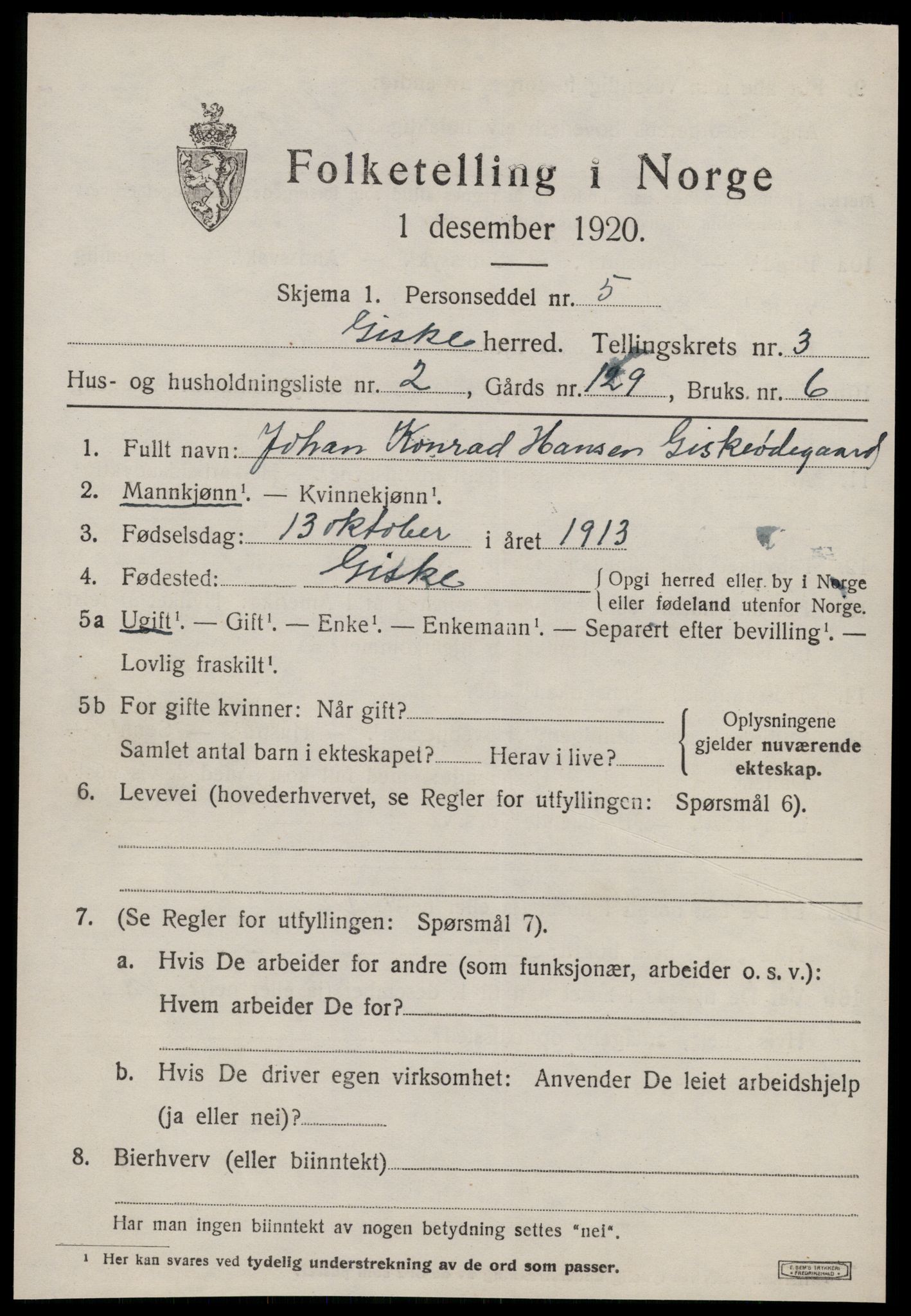 SAT, 1920 census for Giske, 1920, p. 1690