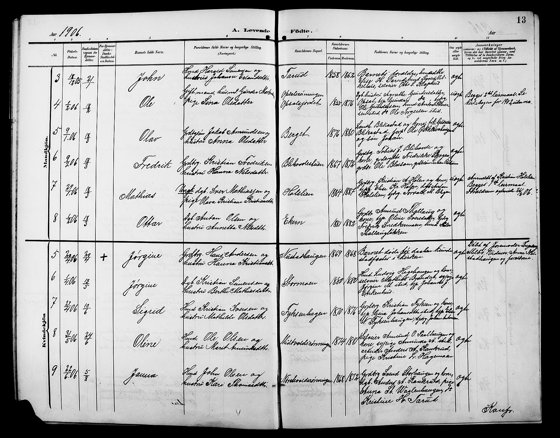 Østre Gausdal prestekontor, SAH/PREST-092/H/Ha/Hab/L0004: Parish register (copy) no. 4, 1905-1923, p. 13