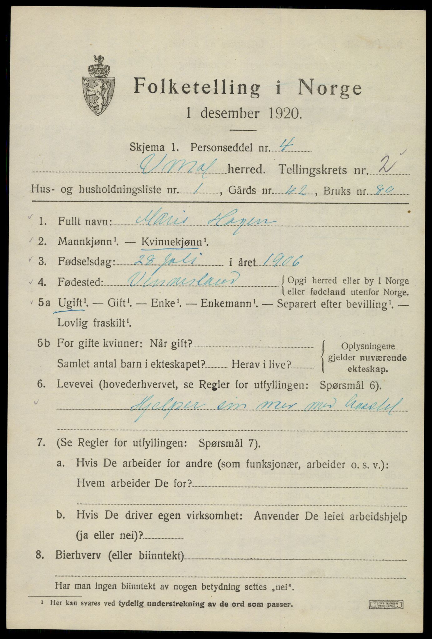 SAK, 1920 census for Vestre Moland, 1920, p. 2265