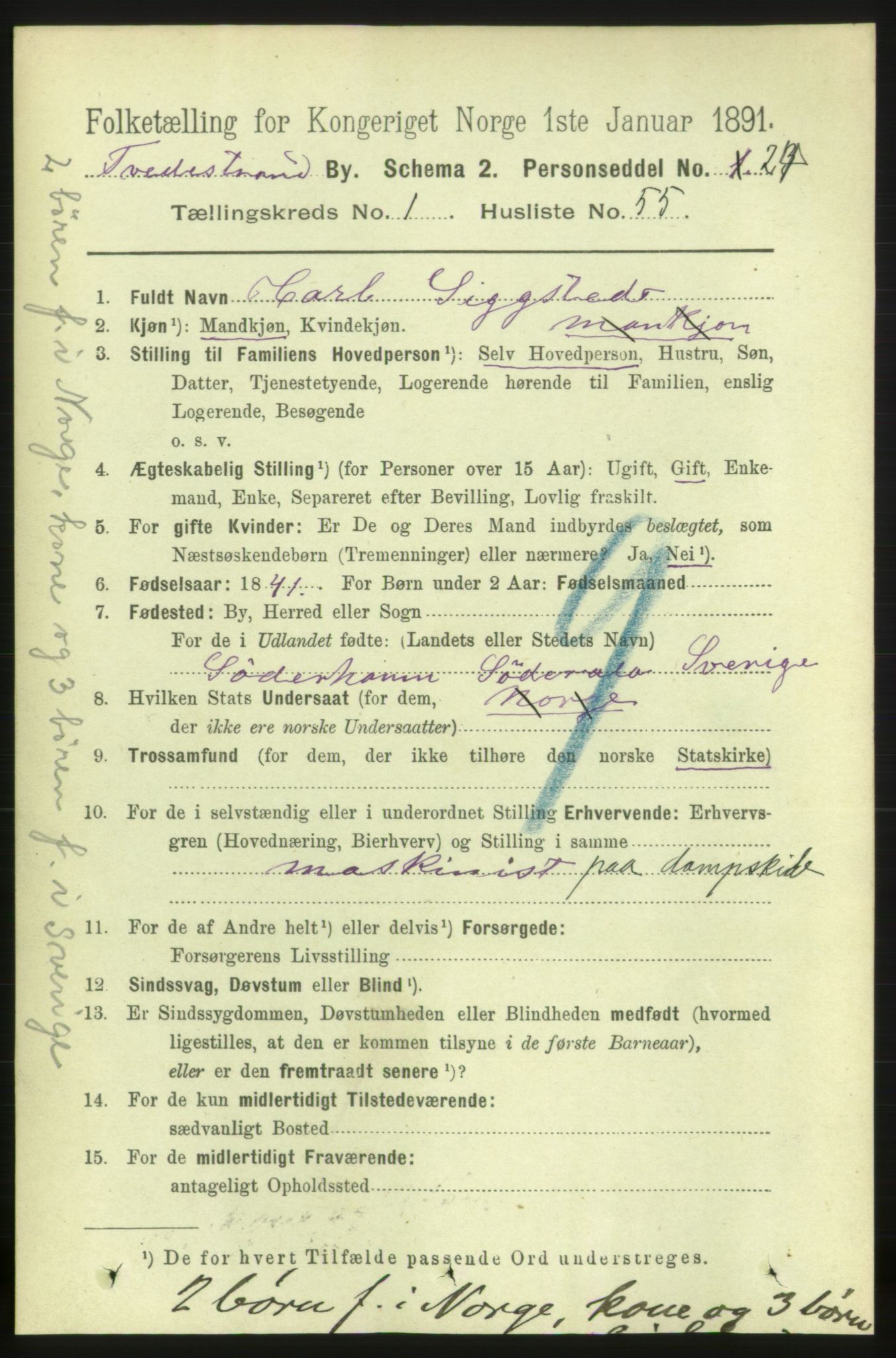 RA, 1891 census for 0902 Tvedestrand, 1891, p. 961