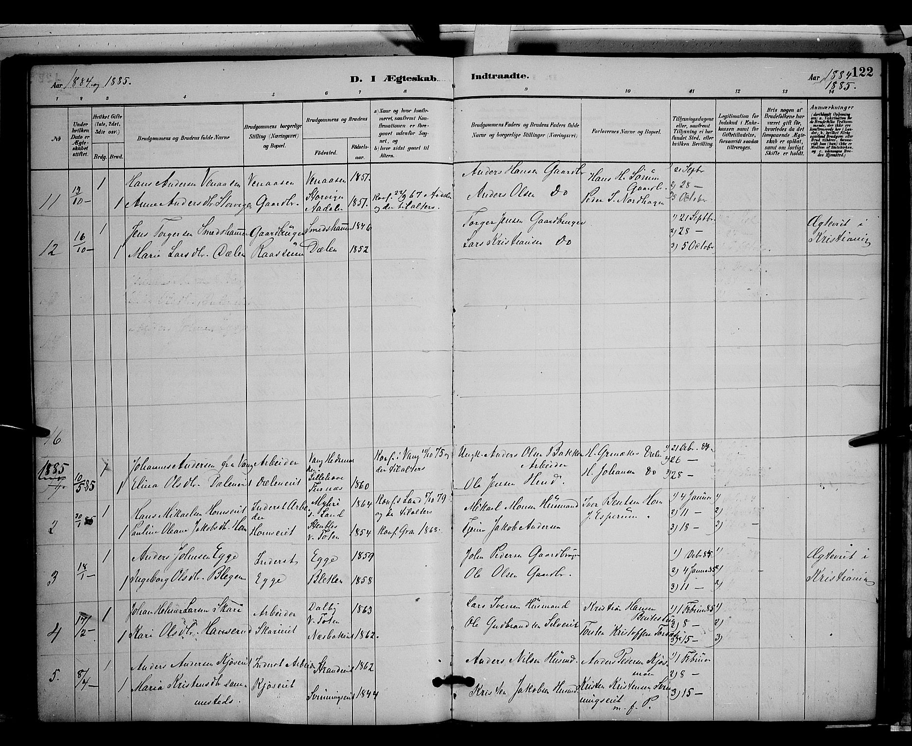 Gran prestekontor, SAH/PREST-112/H/Ha/Hab/L0003: Parish register (copy) no. 3, 1882-1890, p. 122