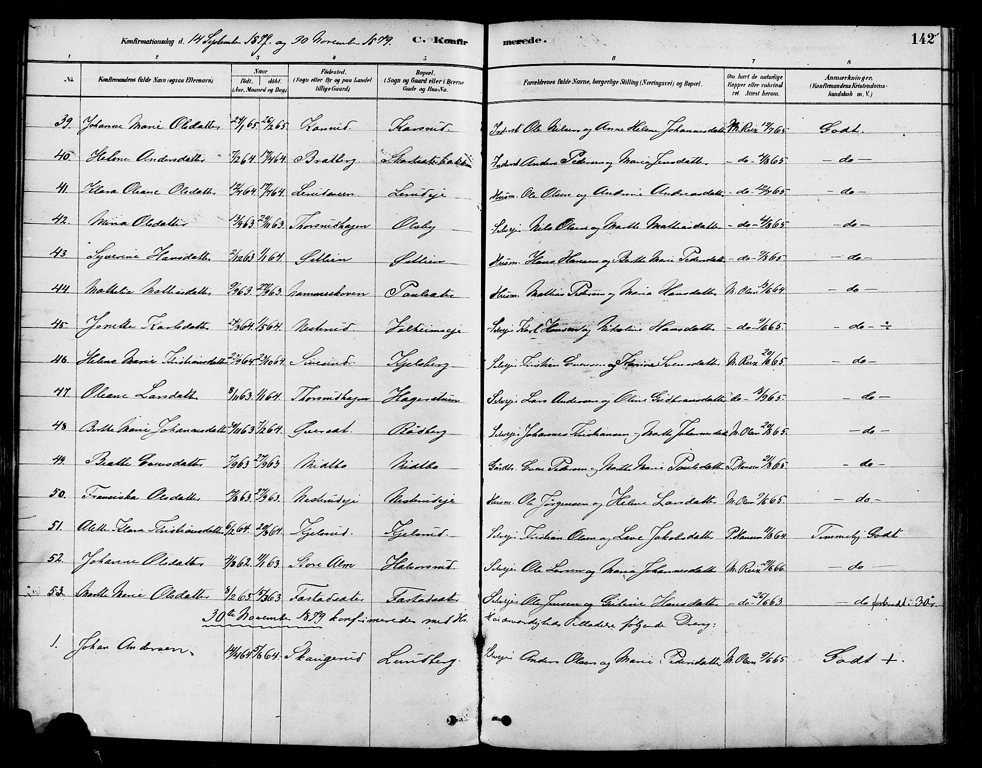 Vestre Toten prestekontor, SAH/PREST-108/H/Ha/Haa/L0009: Parish register (official) no. 9, 1878-1894, p. 142