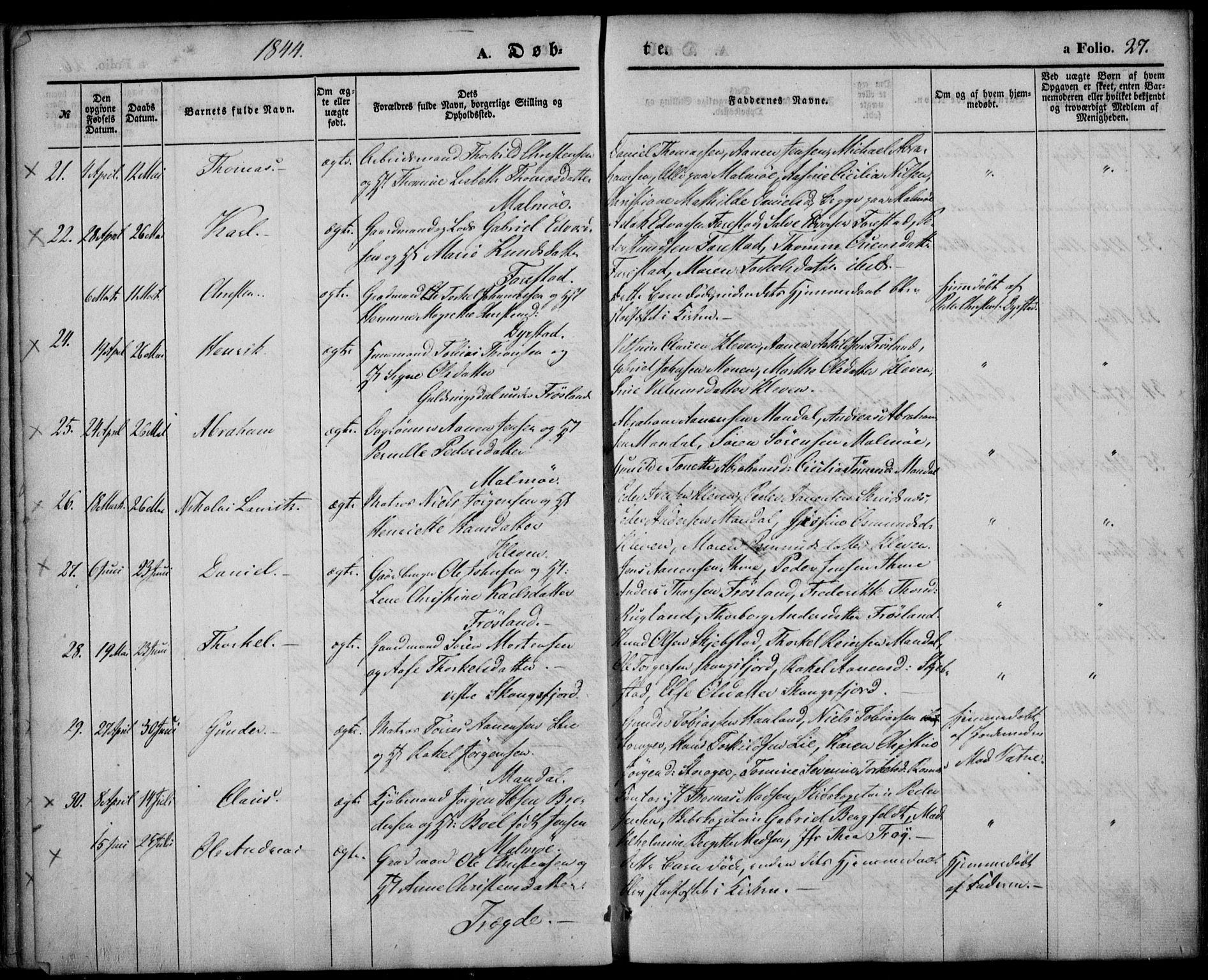 Mandal sokneprestkontor, AV/SAK-1111-0030/F/Fa/Faa/L0012: Parish register (official) no. A 12, 1840-1847, p. 27