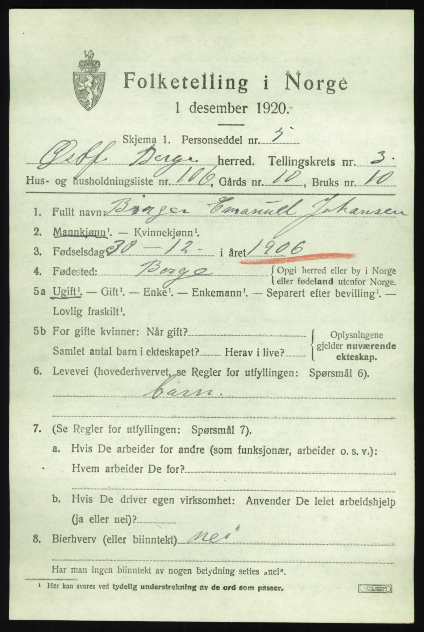 SAO, 1920 census for Borge, 1920, p. 5131