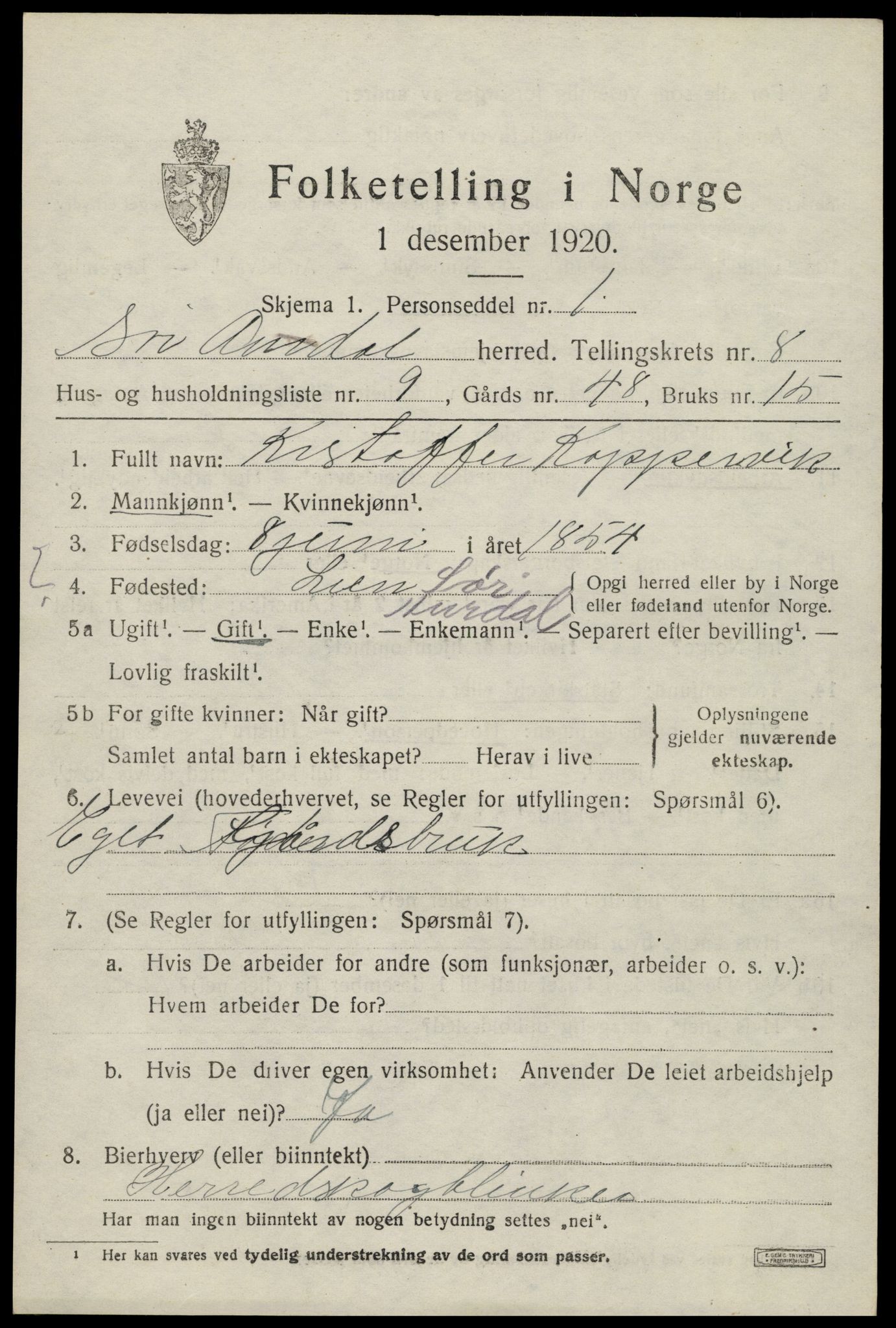 SAH, 1920 census for Sør-Aurdal, 1920, p. 4853