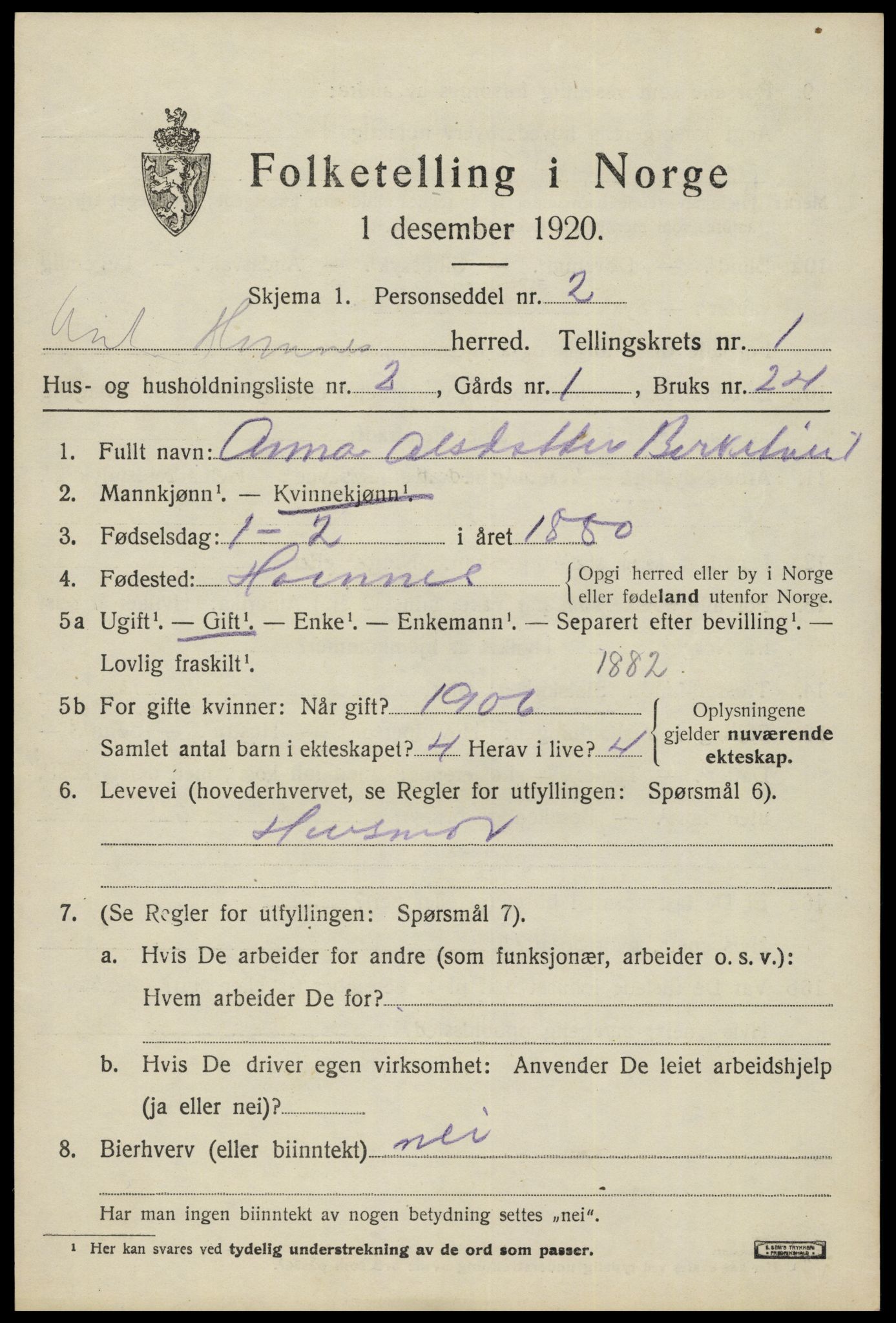 SAK, 1920 census for Hornnes, 1920, p. 569