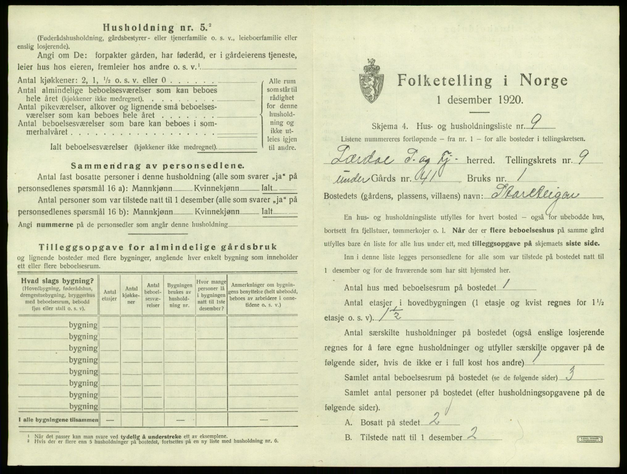 SAB, 1920 census for Lærdal, 1920, p. 785