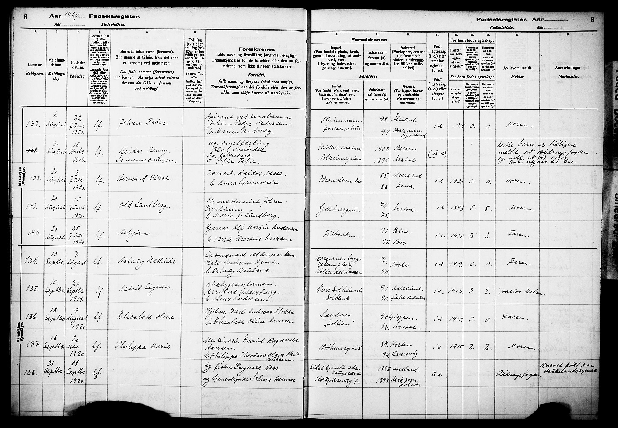 Årstad Sokneprestembete, AV/SAB-A-79301/I/Id/L0A02: Birth register no. A 2, 1920-1924, p. 6