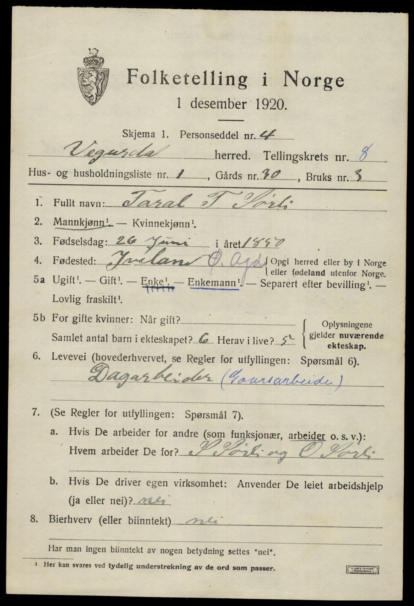 SAK, 1920 census for Vegusdal, 1920, p. 1791